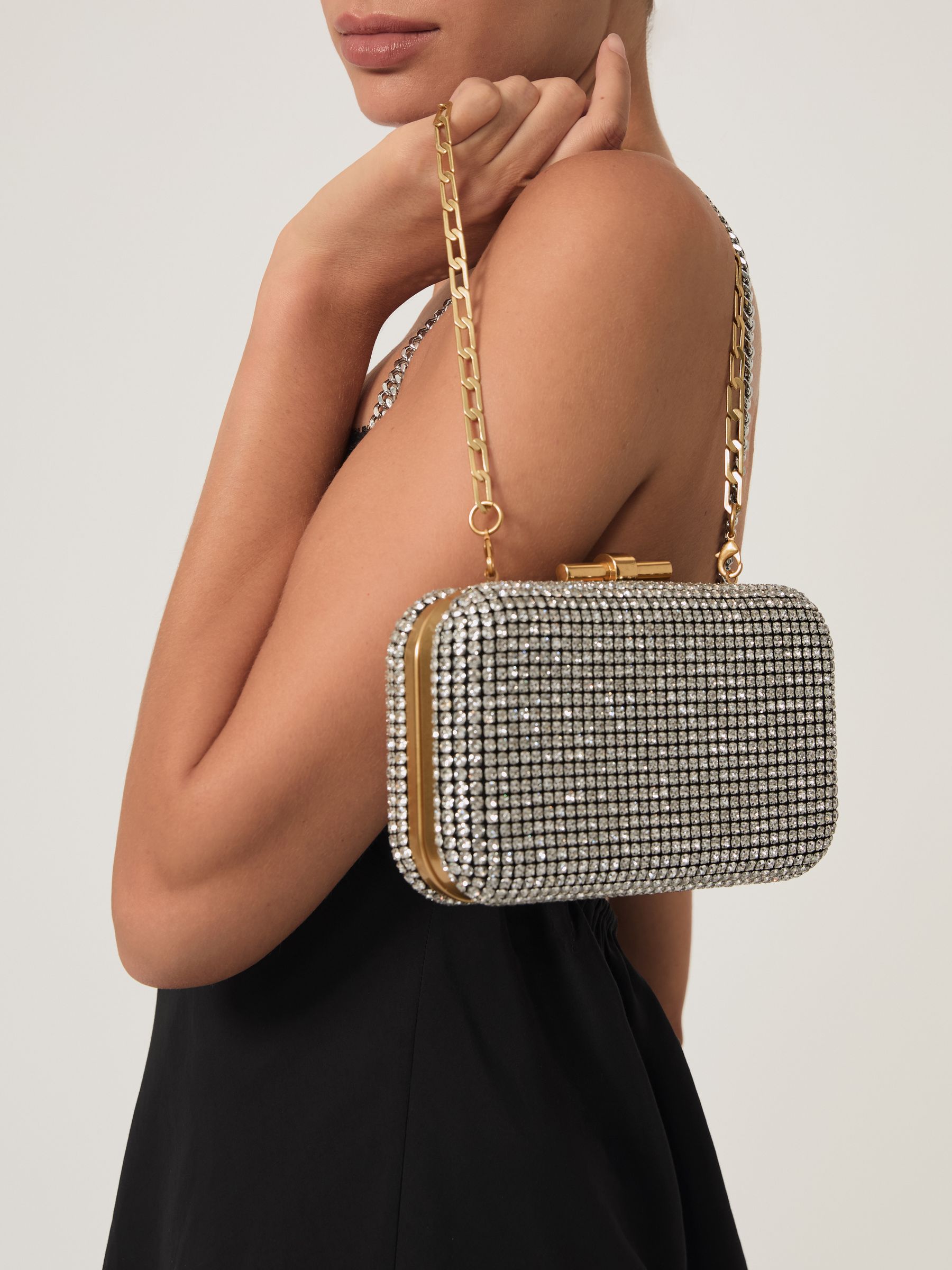 Crystal-Embellished Box Clutch Bag in Silver