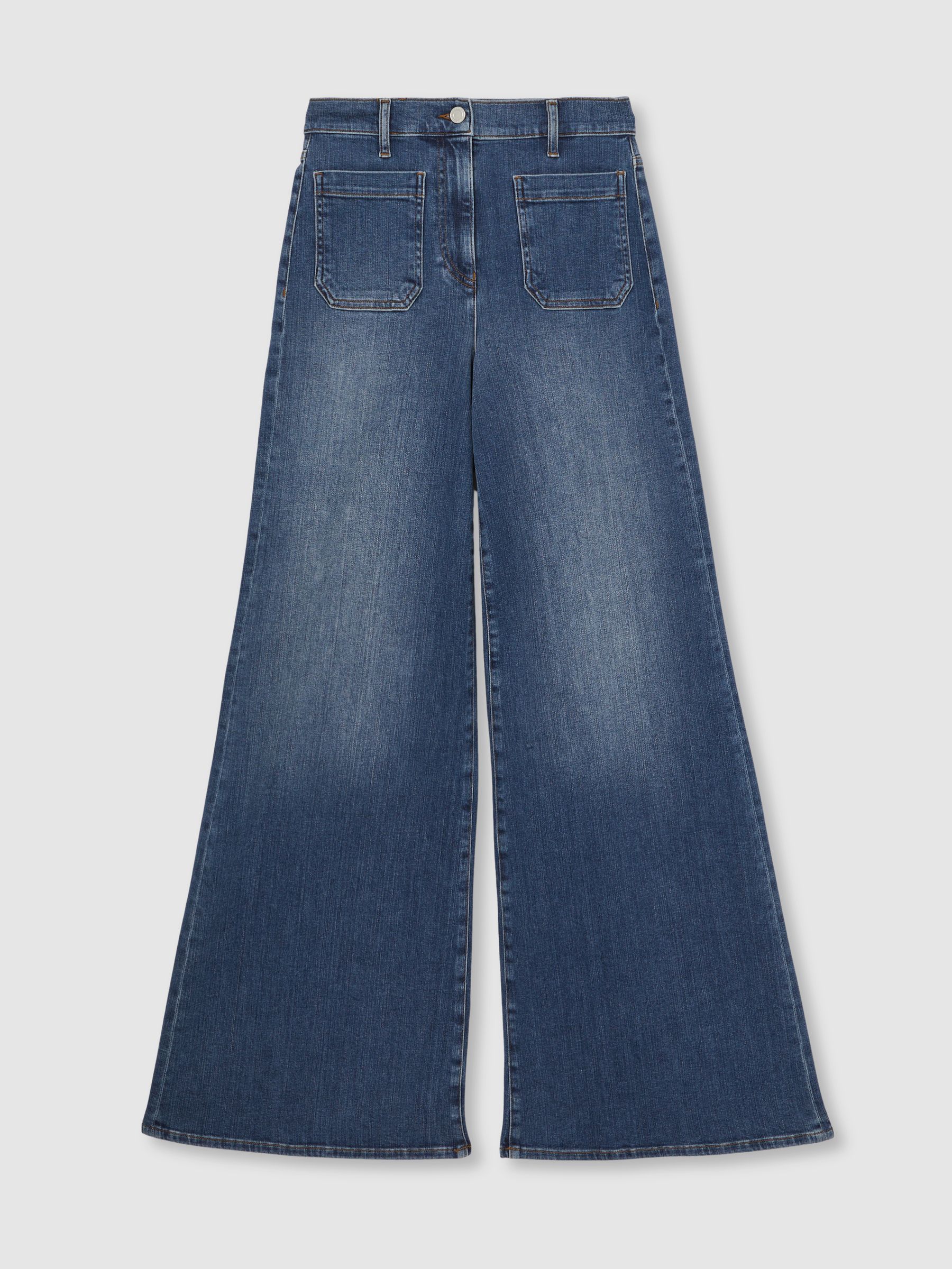 Petite Patch Pocket Wide Leg Jeans in Mid Blue