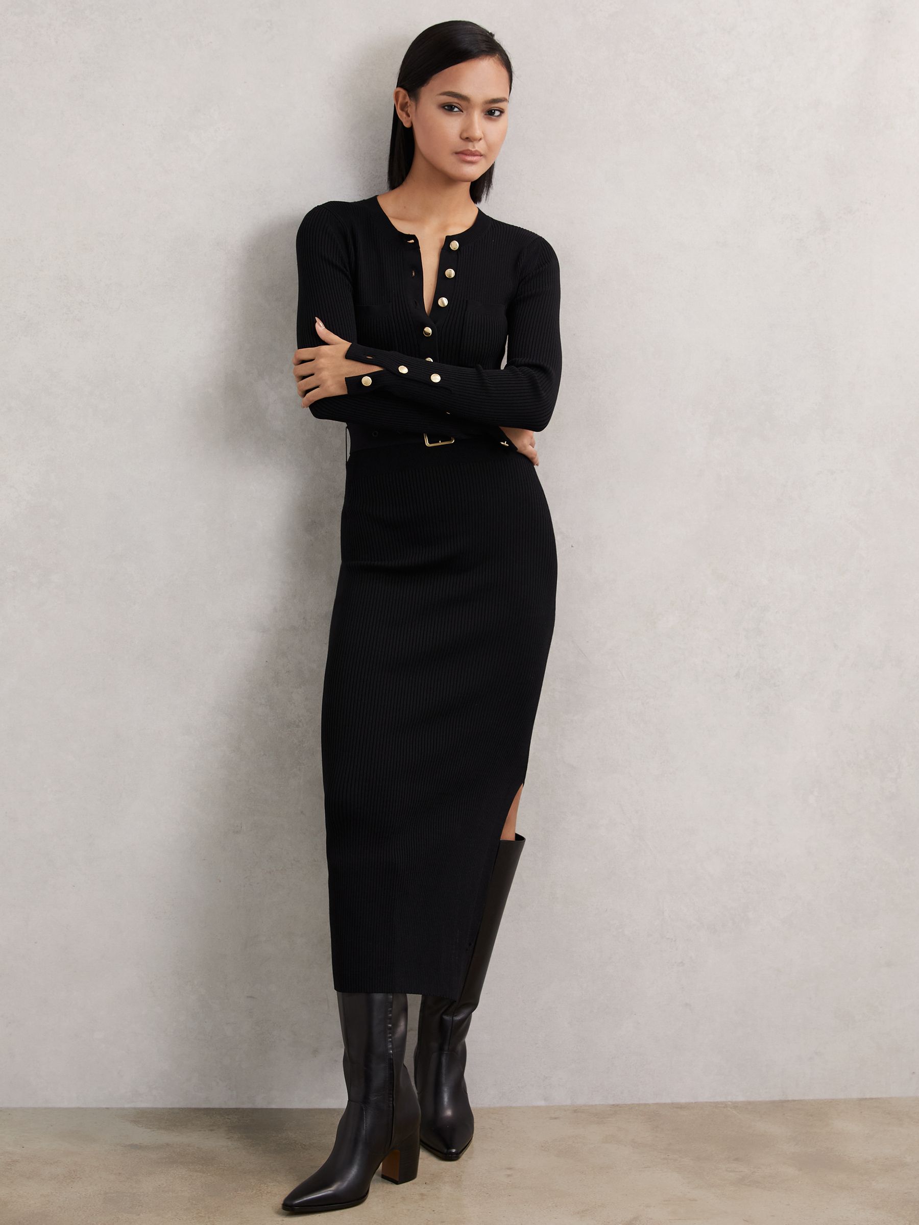 Buttoned Rib-Knit Midi Dress in Black