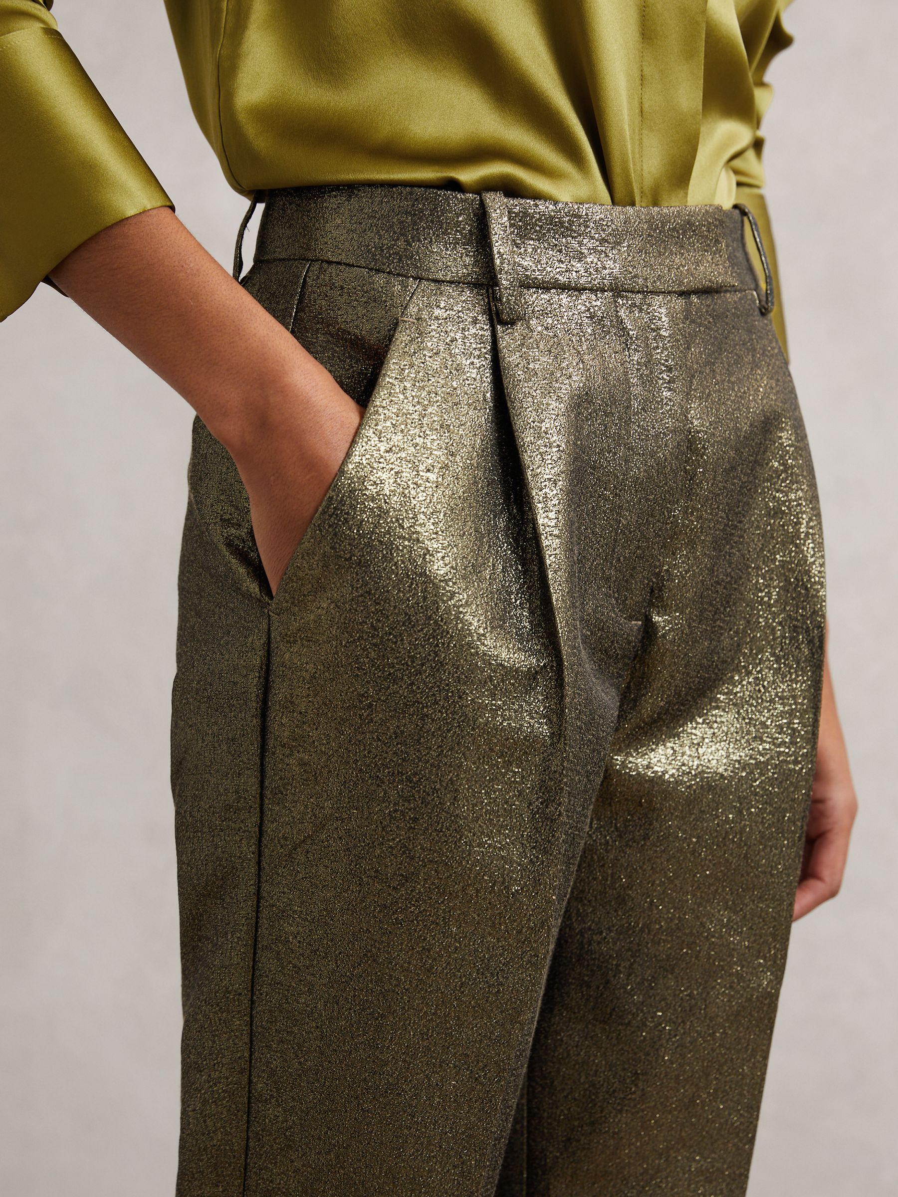 Petite Tapered Metallic Suit Trousers with Cotton in Gold
