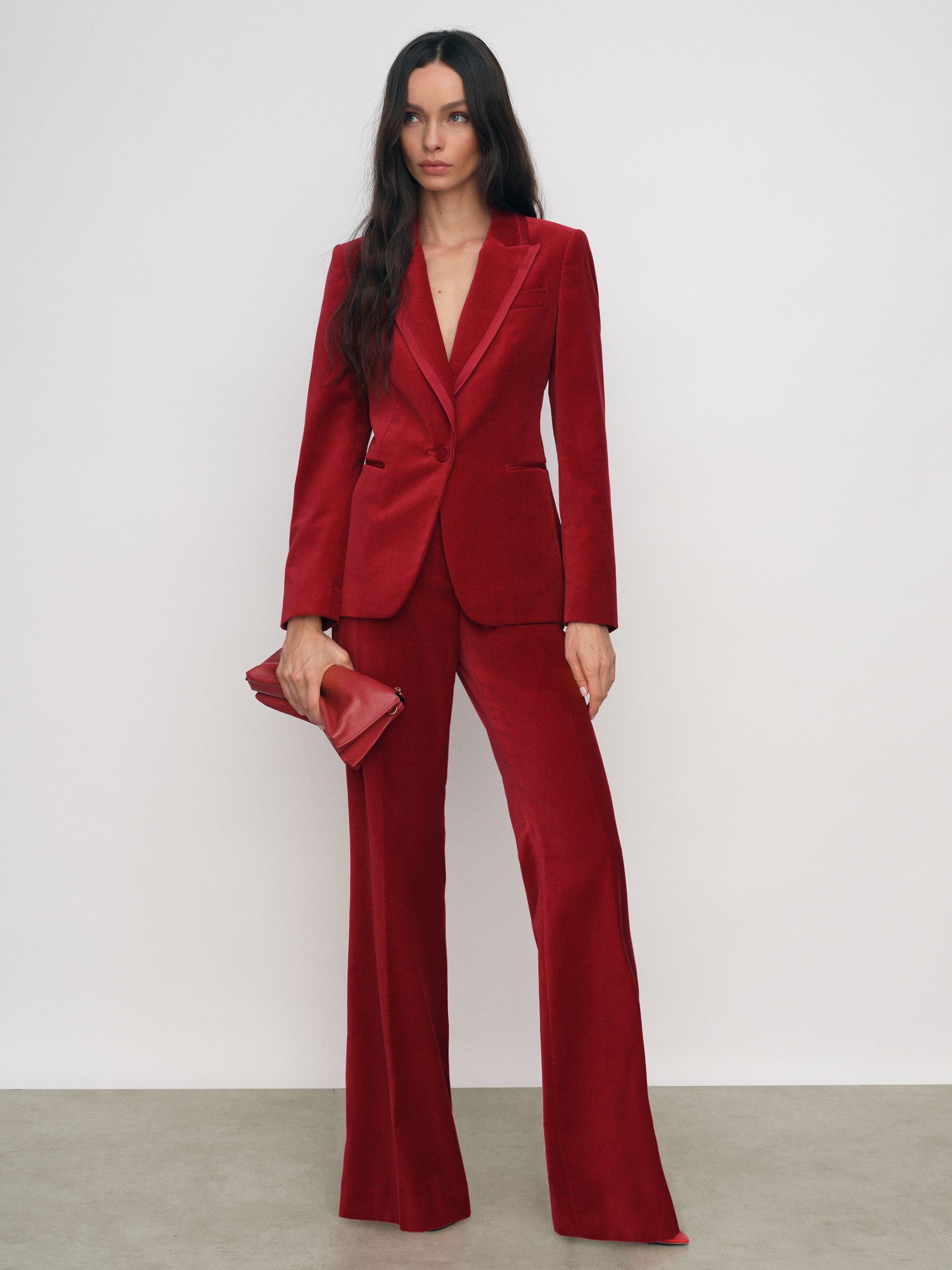 Petite Velvet Single-Breasted Suit Blazer in Red