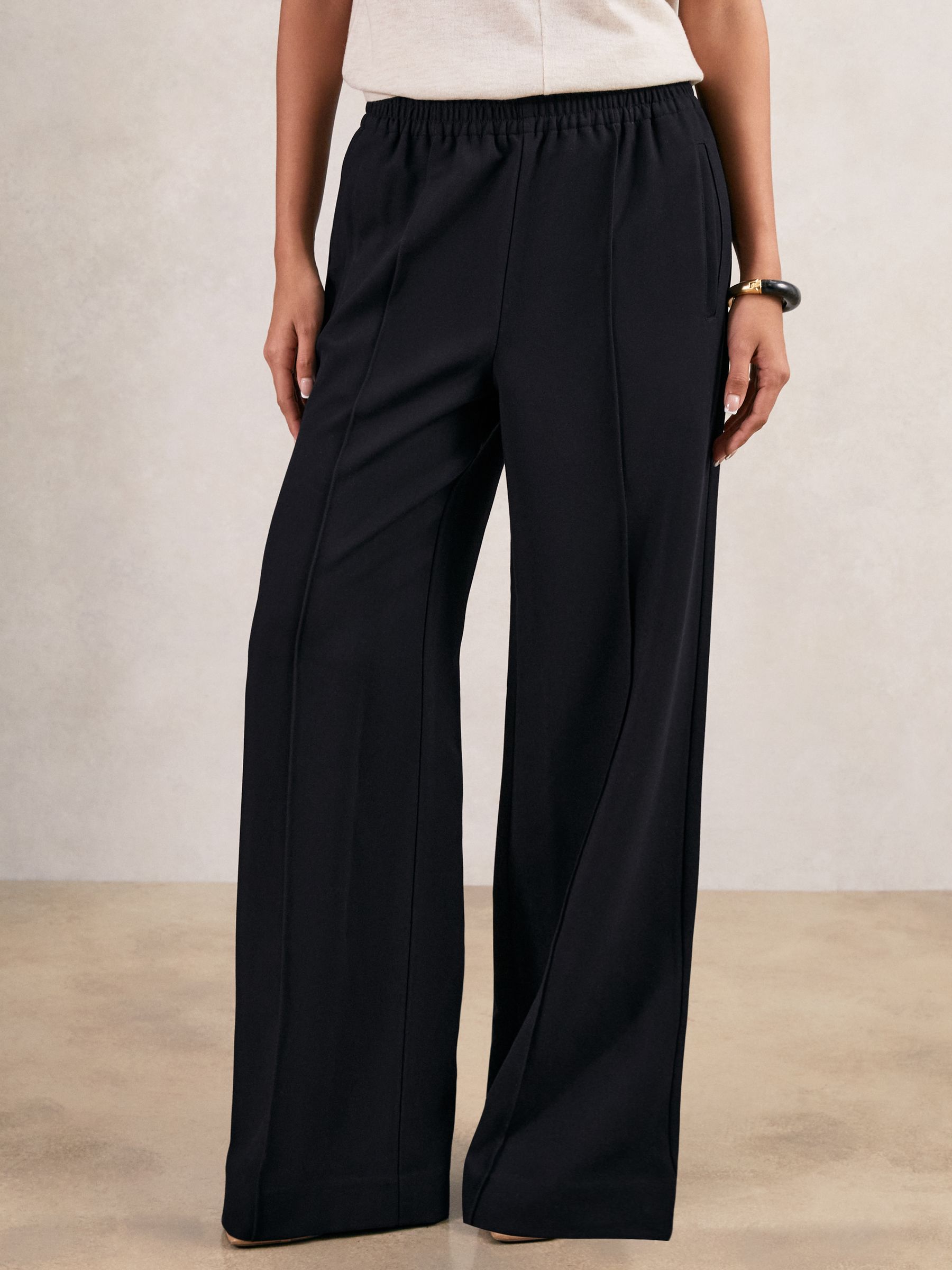 Wide Leg Elasticated Waist Trousers in Navy