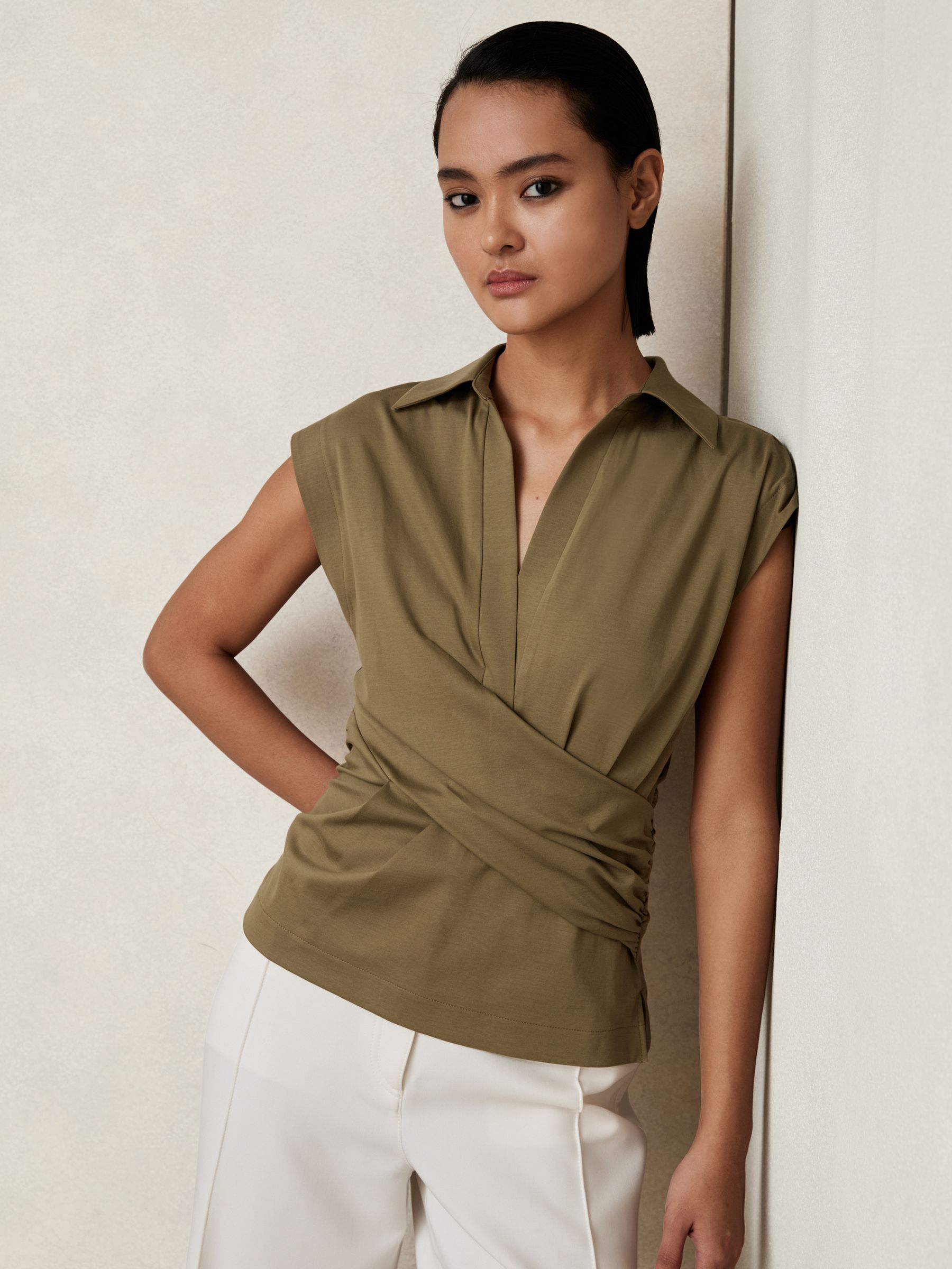 Stretch-Cotton Wrap-Front Collar Top in Khaki Green