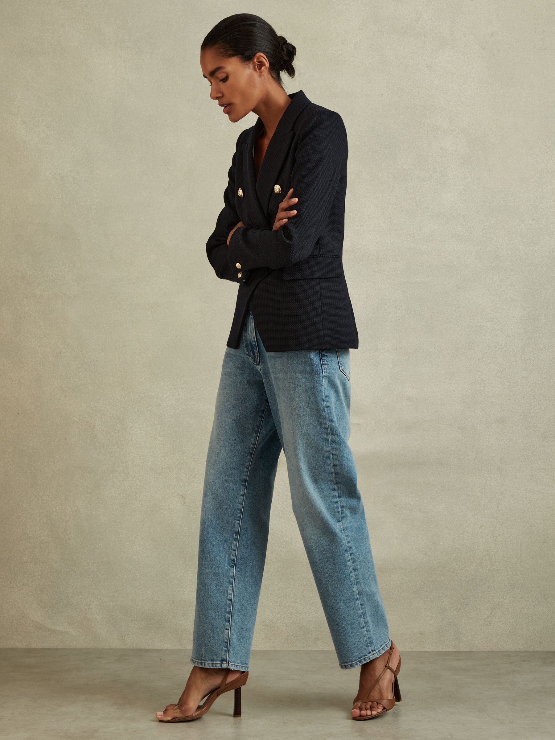 Petite Tailored Fit Textured Double Breasted Blazer in Navy