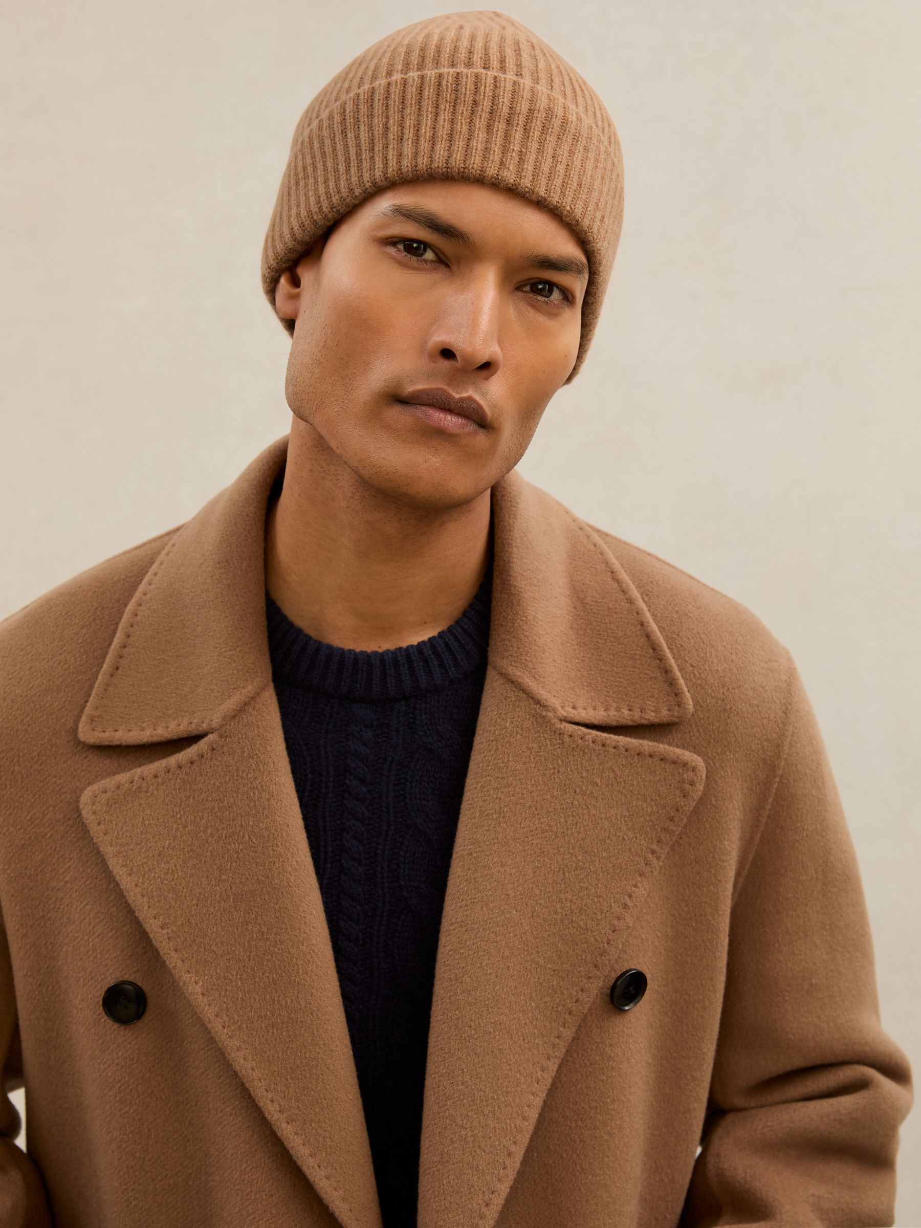 Atelier 100% Cashmere Rib-Knit Beanie in Oatmeal