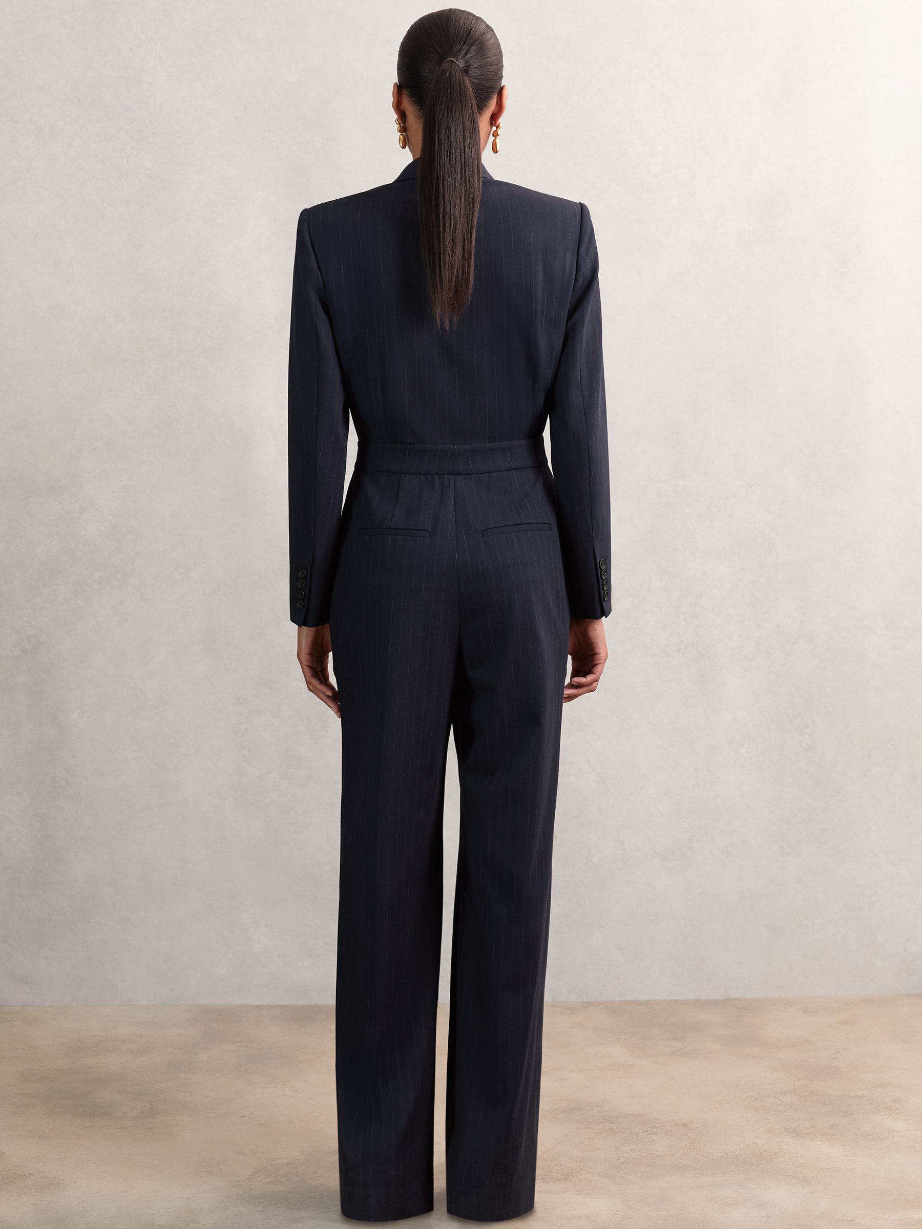 Pinstripe Tailored Wide-Leg Jumpsuit with Wool in Navy