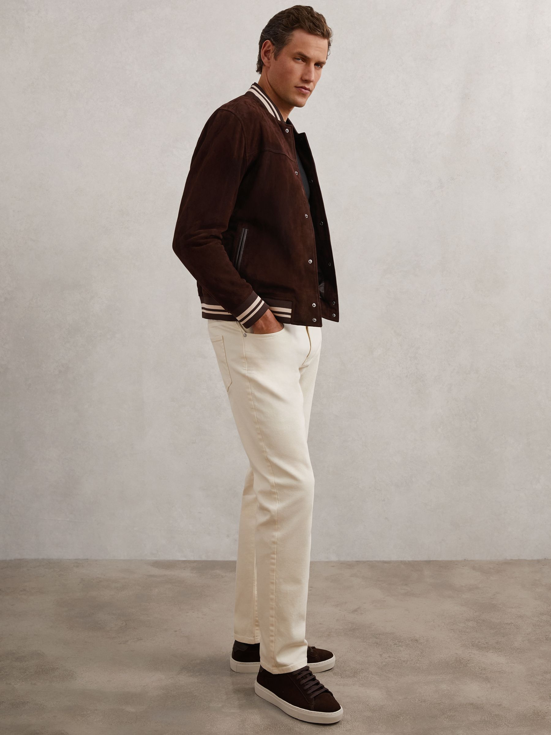 Suede Stripe-Trim Bomber Jacket in Chocolate Brown