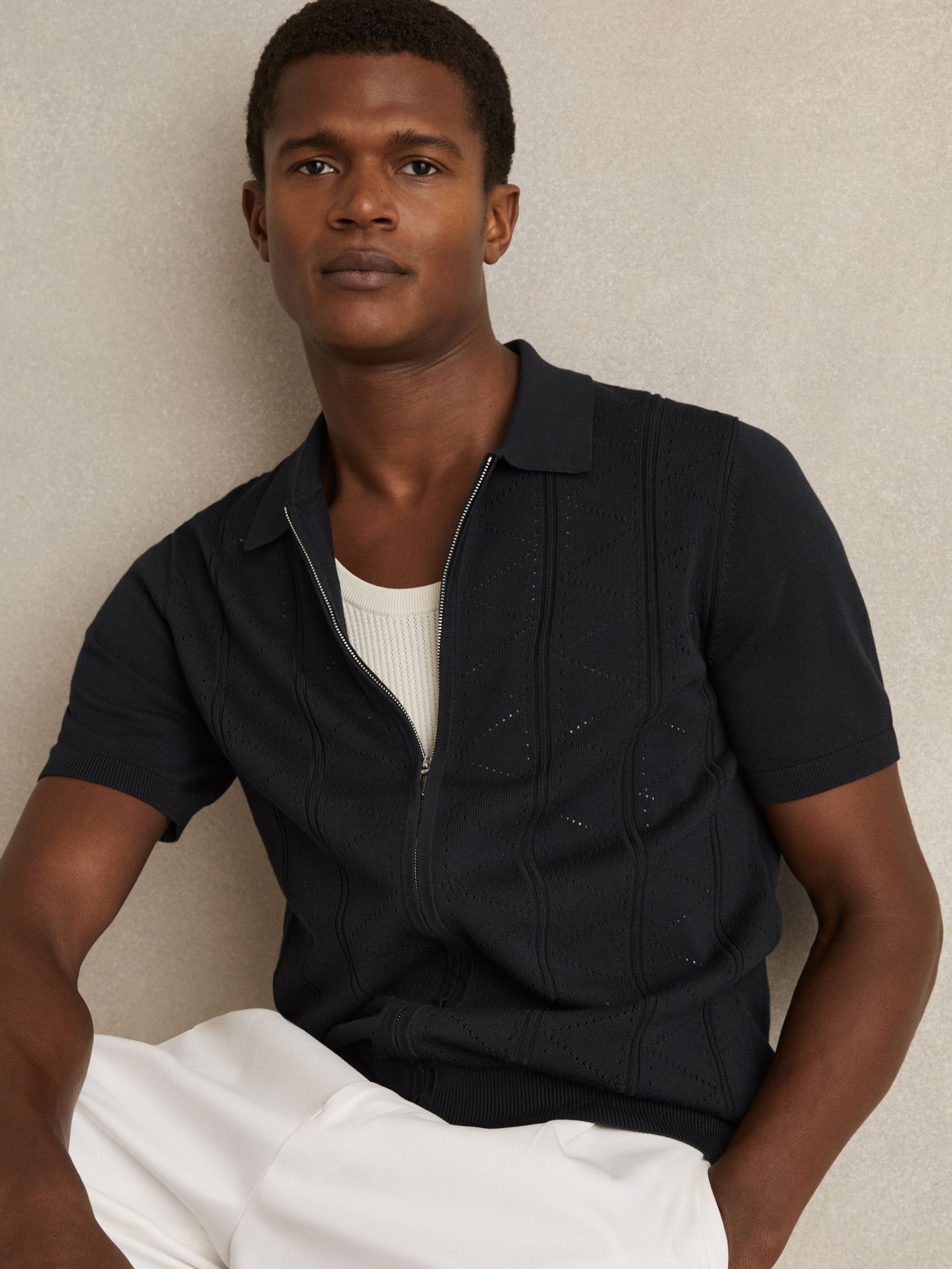 Pointelle-Knit Zip-Through Shirt in White