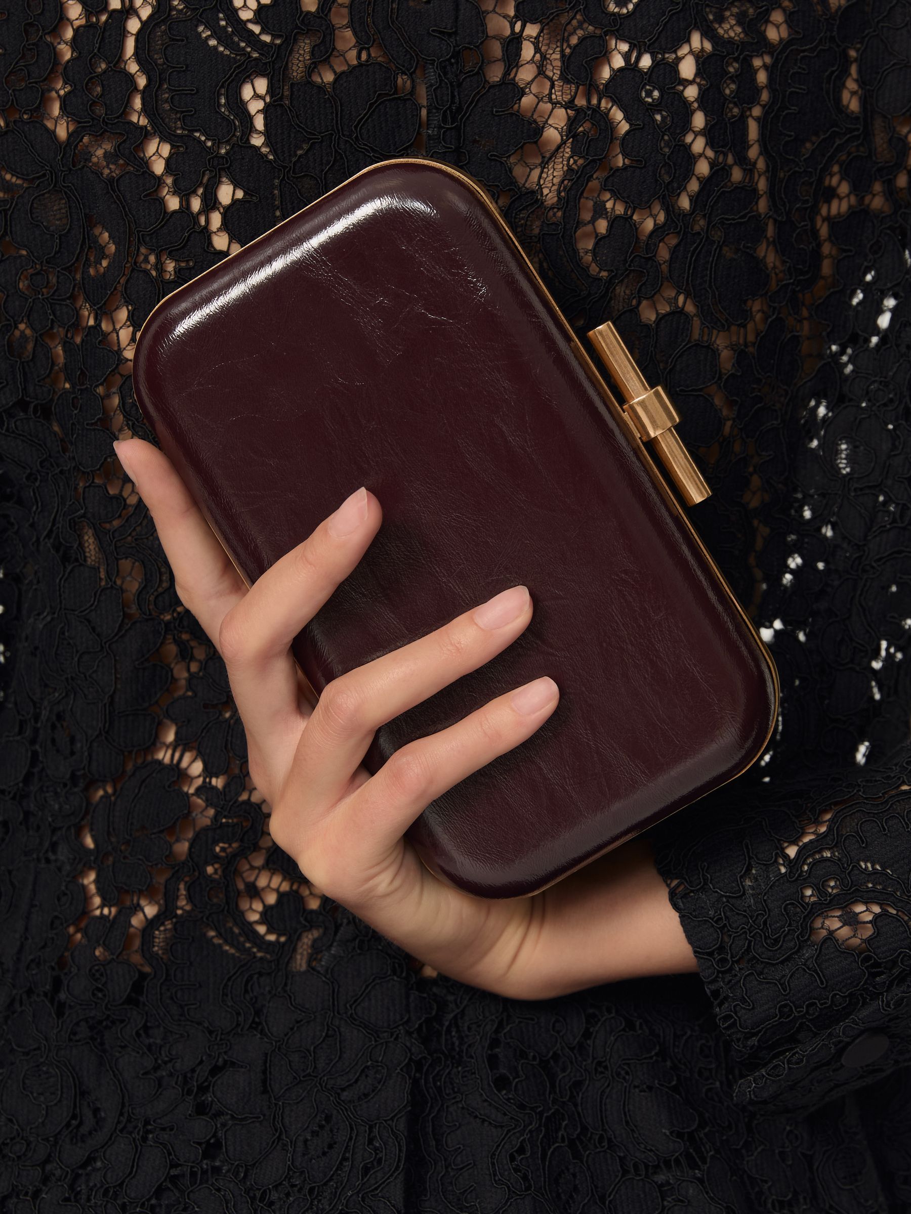Patent Box Clutch Bag in Burgundy
