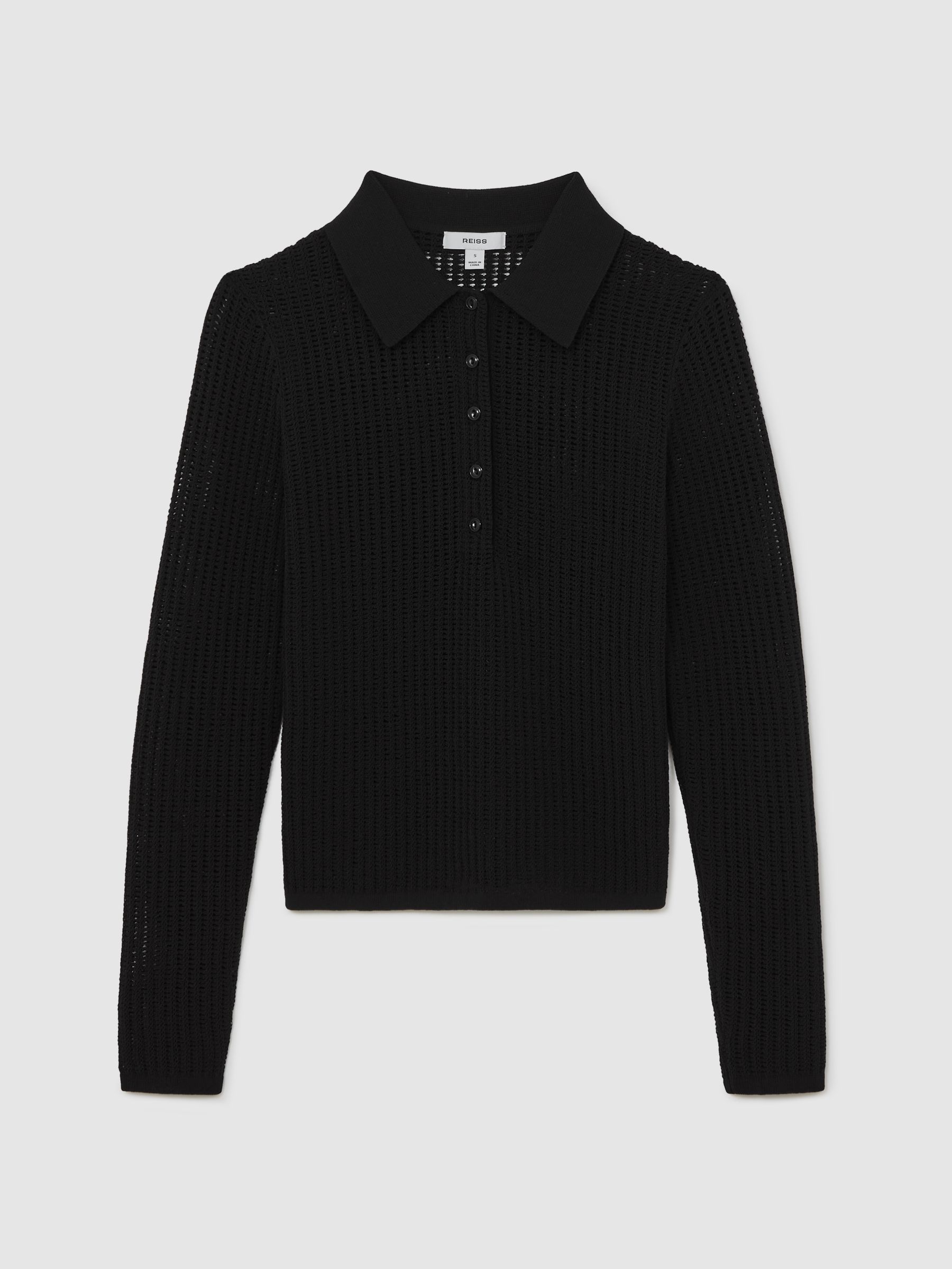 Open-Knit Long-Sleeve Polo Top in Black