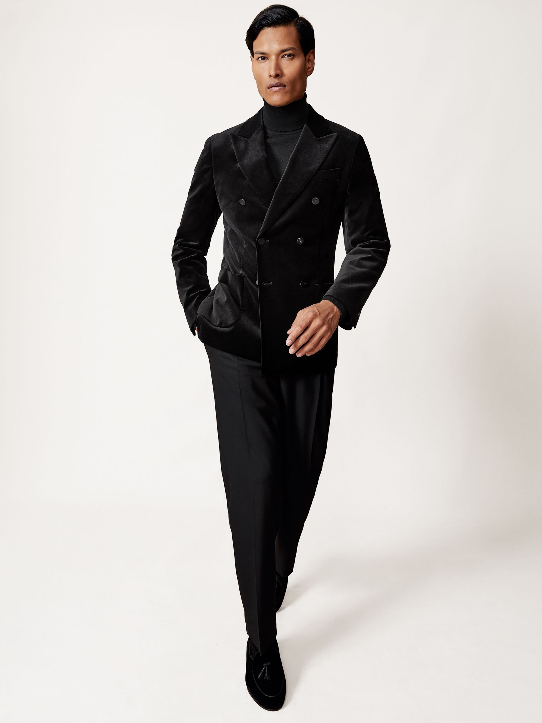 Double-Breasted Velvet Blazer Slim-Fit in Black