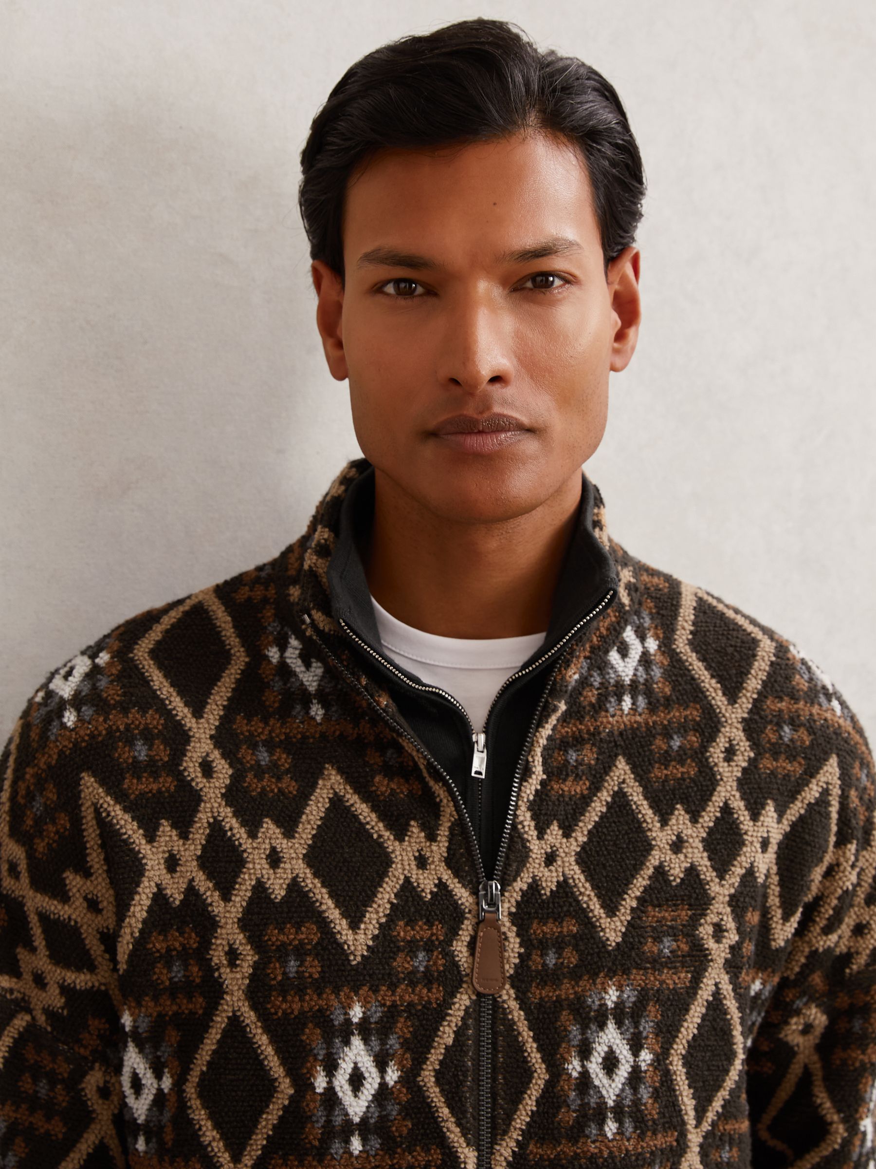 Geometric Fair Isle Zip-Through Jumper with Wool in Brown Multi