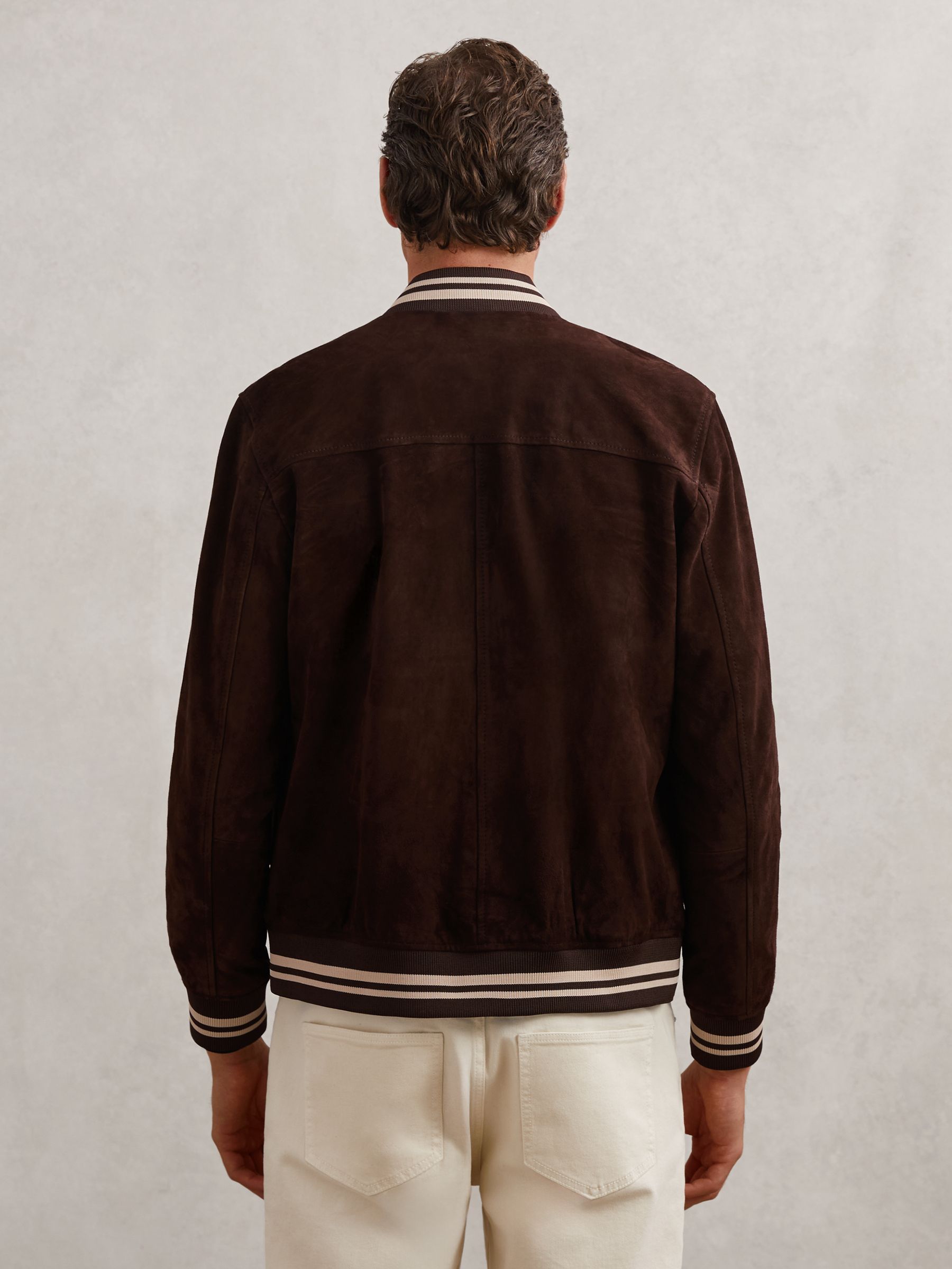 Suede Stripe-Trim Bomber Jacket in Chocolate Brown
