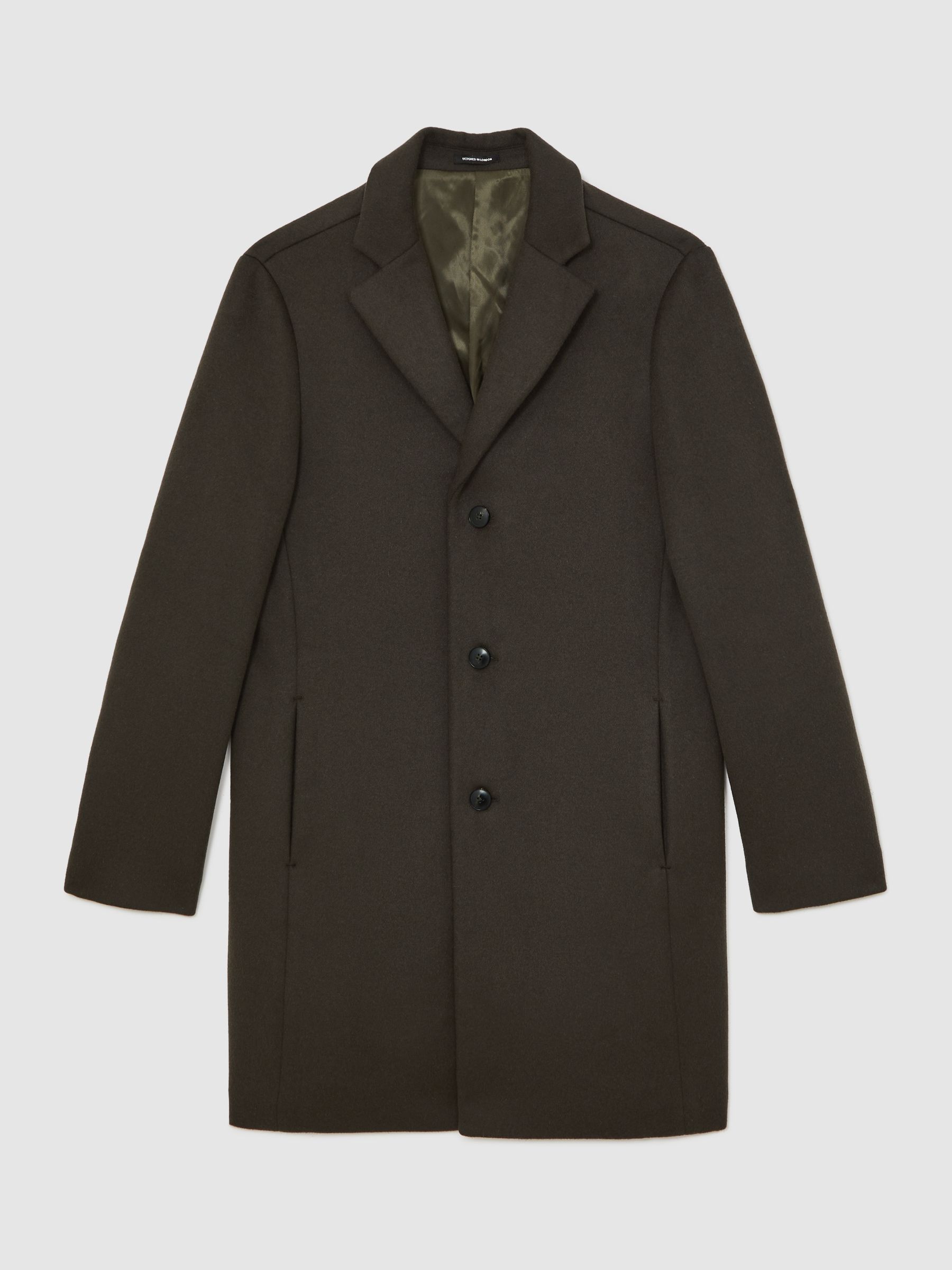 Wool-Blend Single-Breasted Overcoat in Dark Khaki Green
