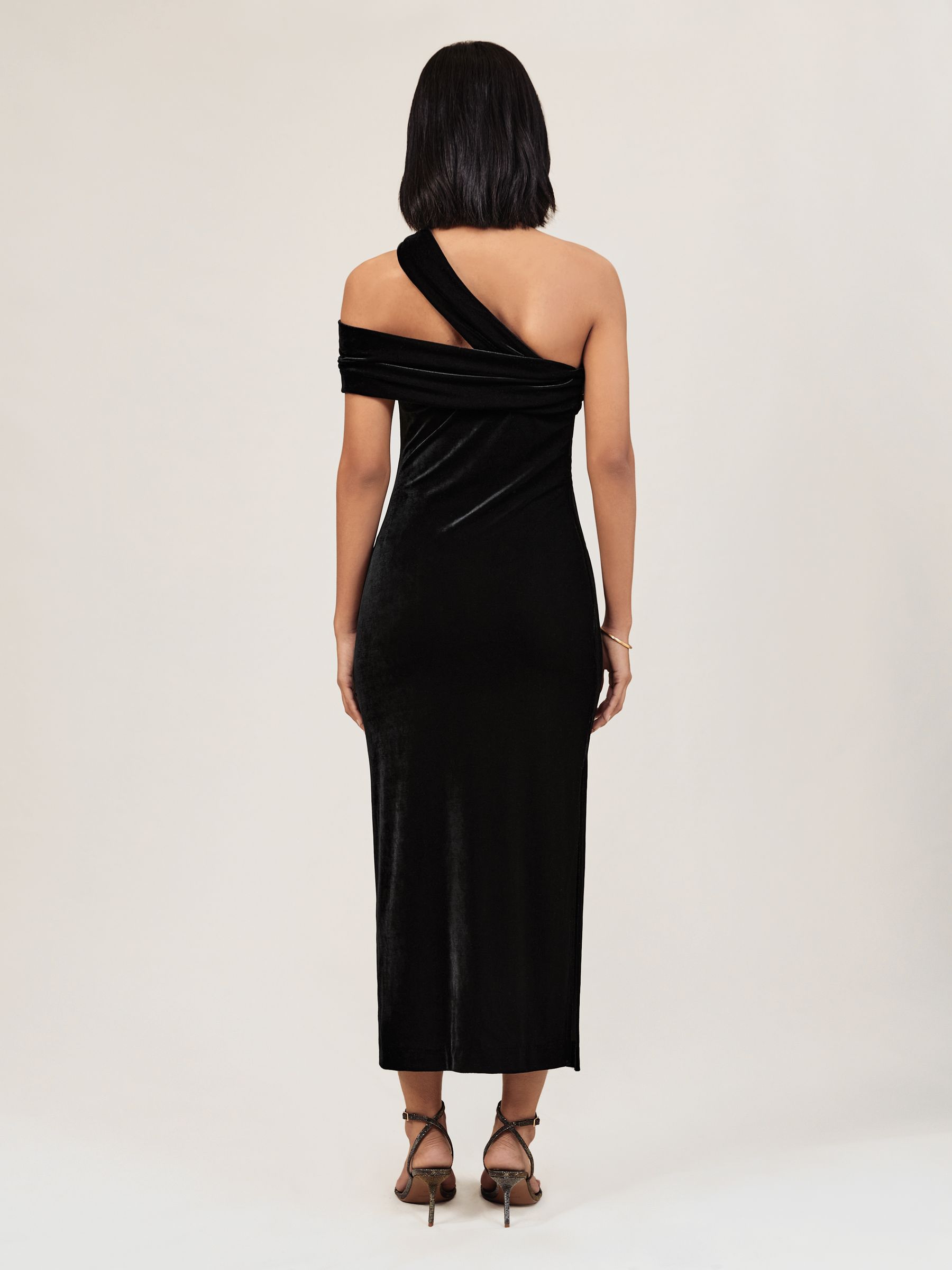 Velvet One-Shoulder Midi Dress in Black