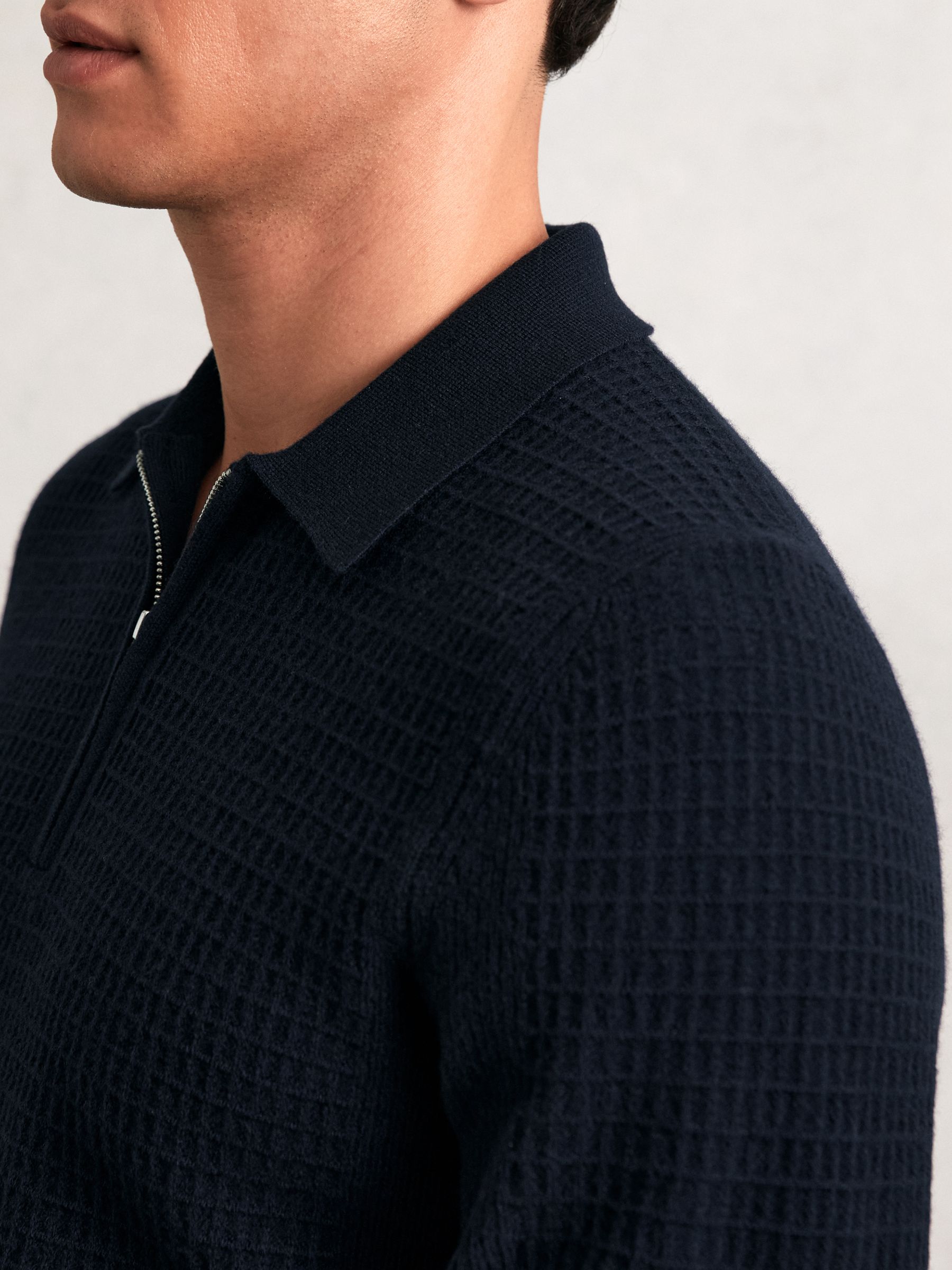 Wool Waffle-Knit Half-Zip Polo Shirt in Navy