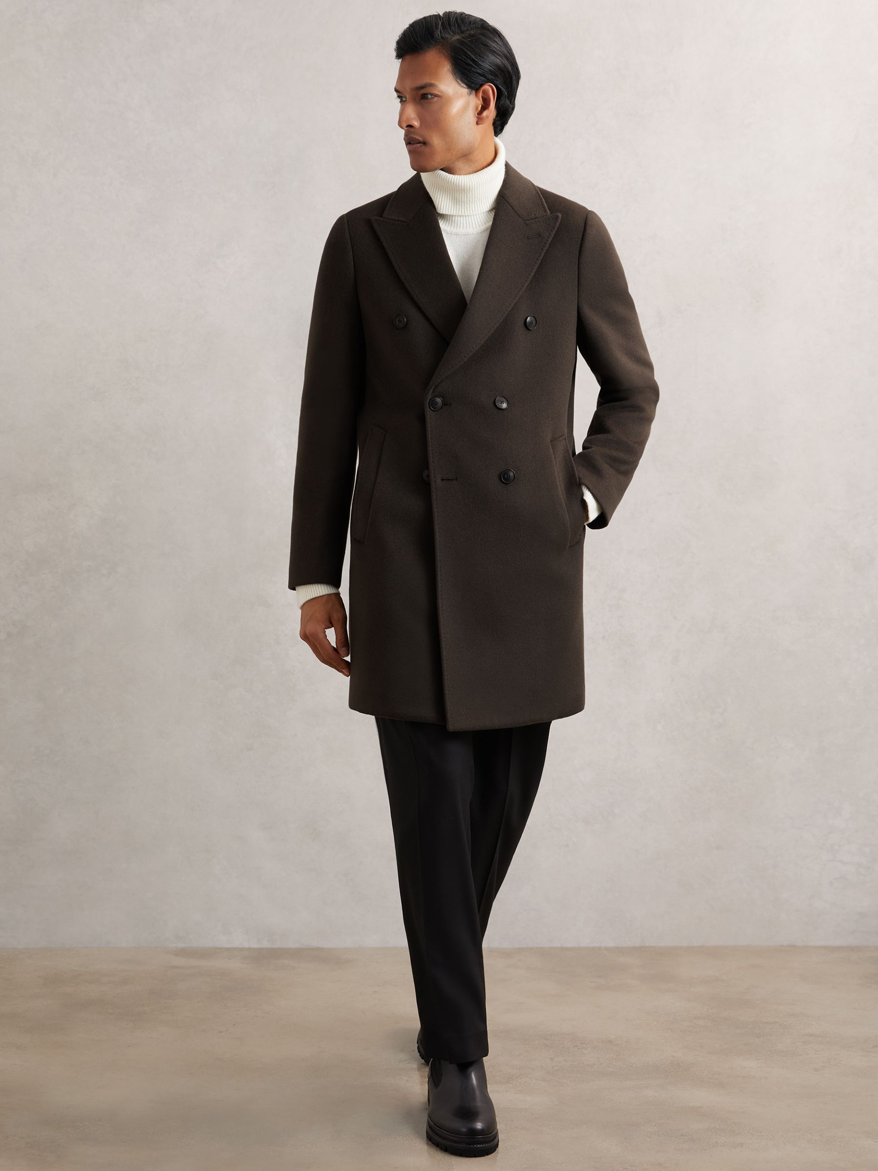 Wool-Blend Double-Breasted Overcoat in Dark Khaki Green