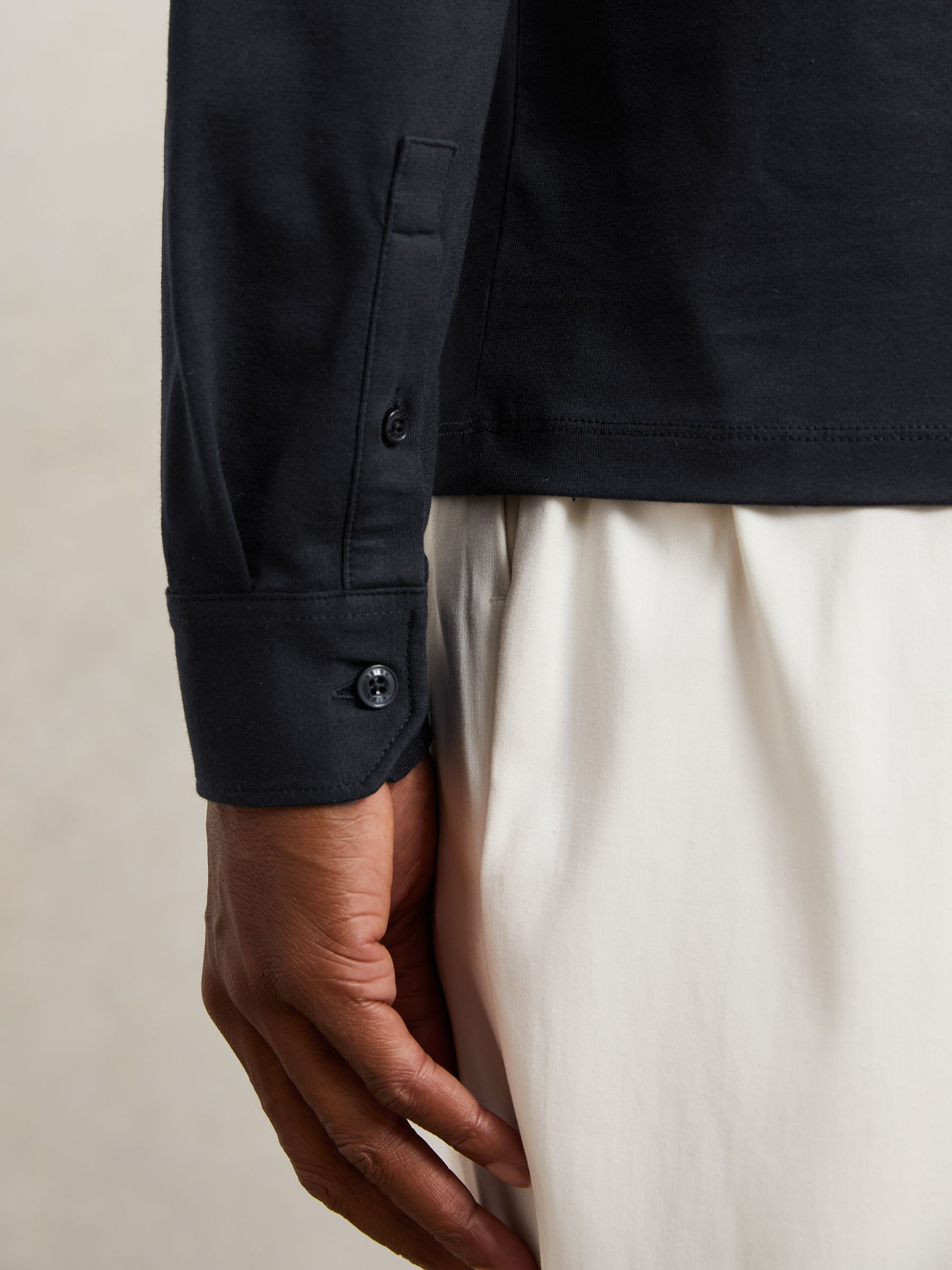 Cotton-Jersey Long Sleeve Polo Shirt in Navy