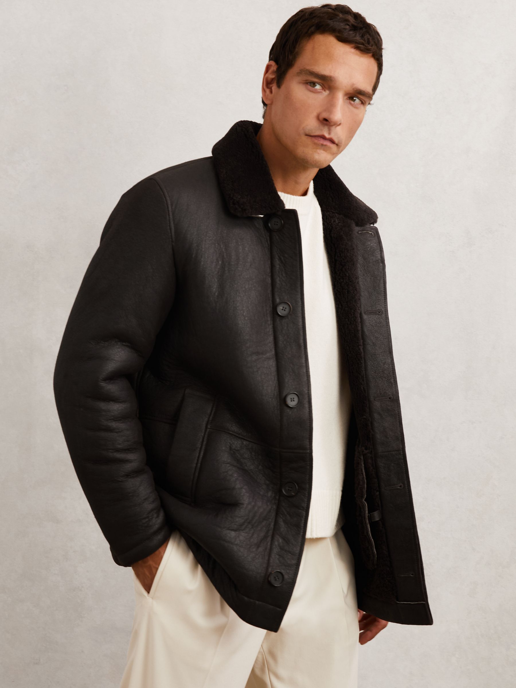 Button-Through Shearling Jacket in Brown