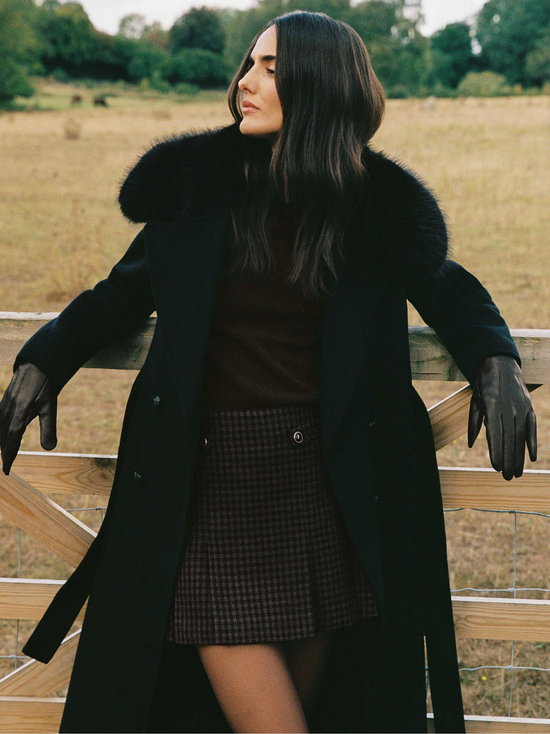 Petite Faux-Fur Collar Blindseam Coat Wool-Blend in Black