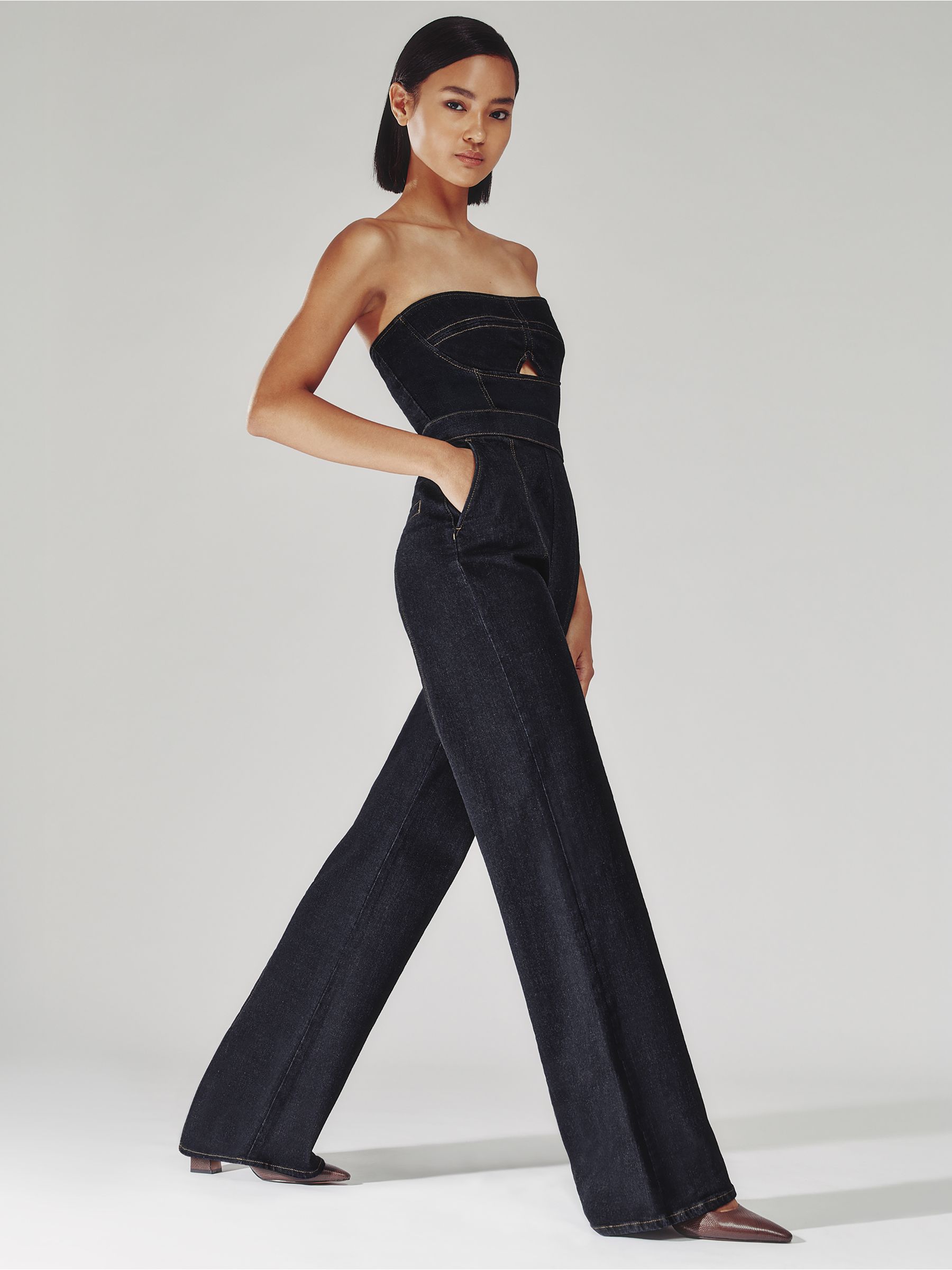 Strapless Wide Leg Denim Jumpsuit in Indigo Blue