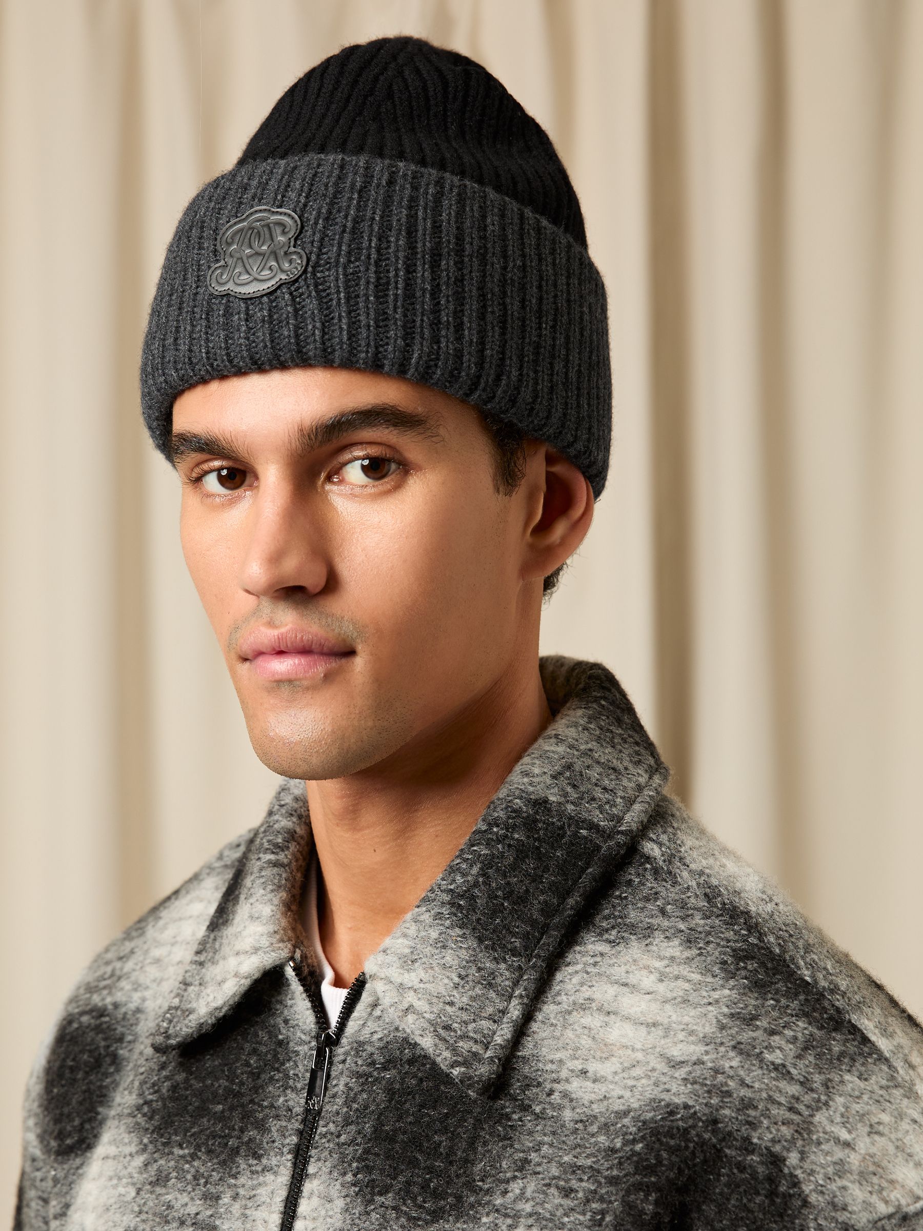 Monogram Appliqué Wool Beanie in Black