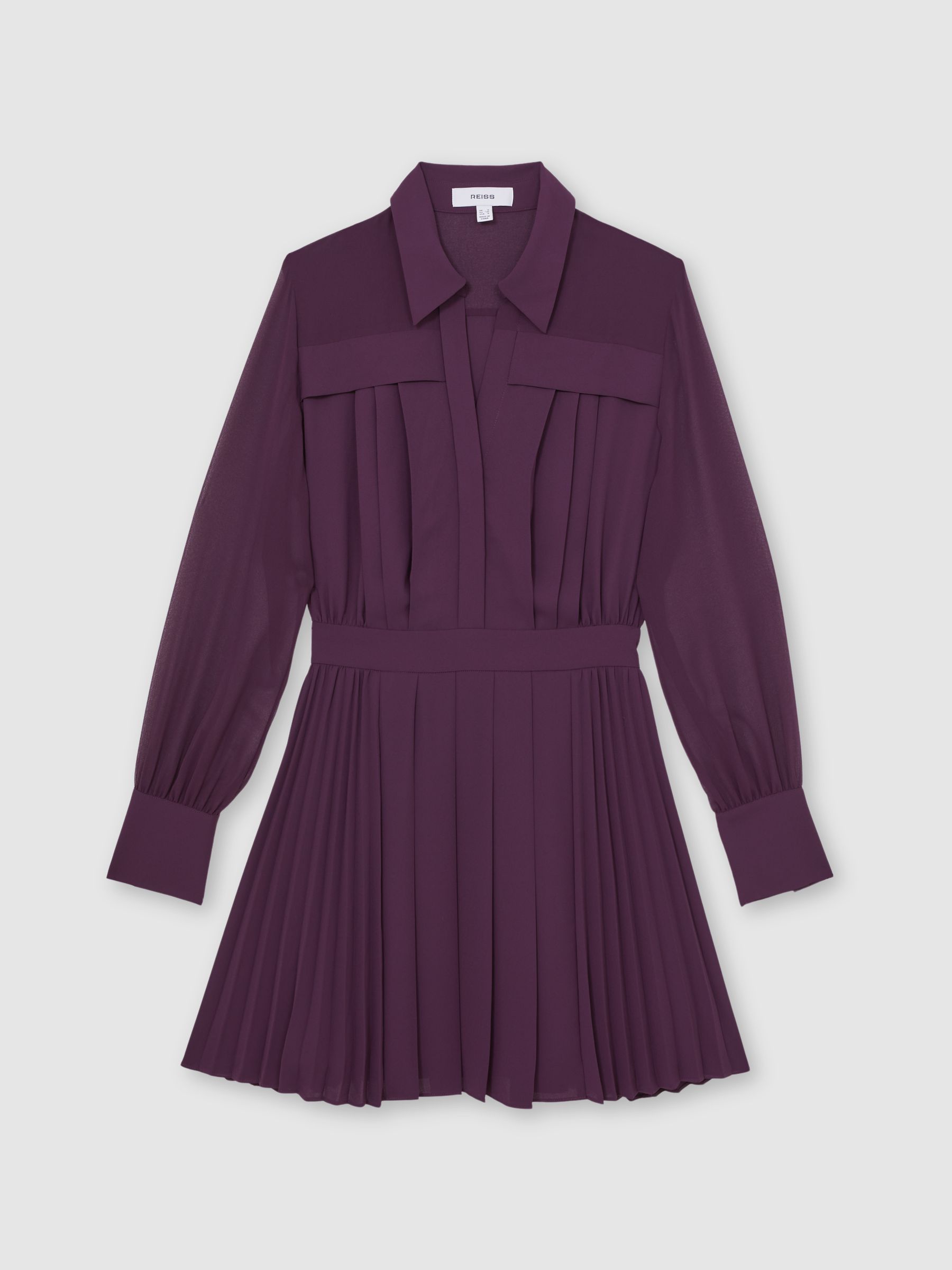 Pleated Sheer-Sleeve Mini Dress in Burgundy