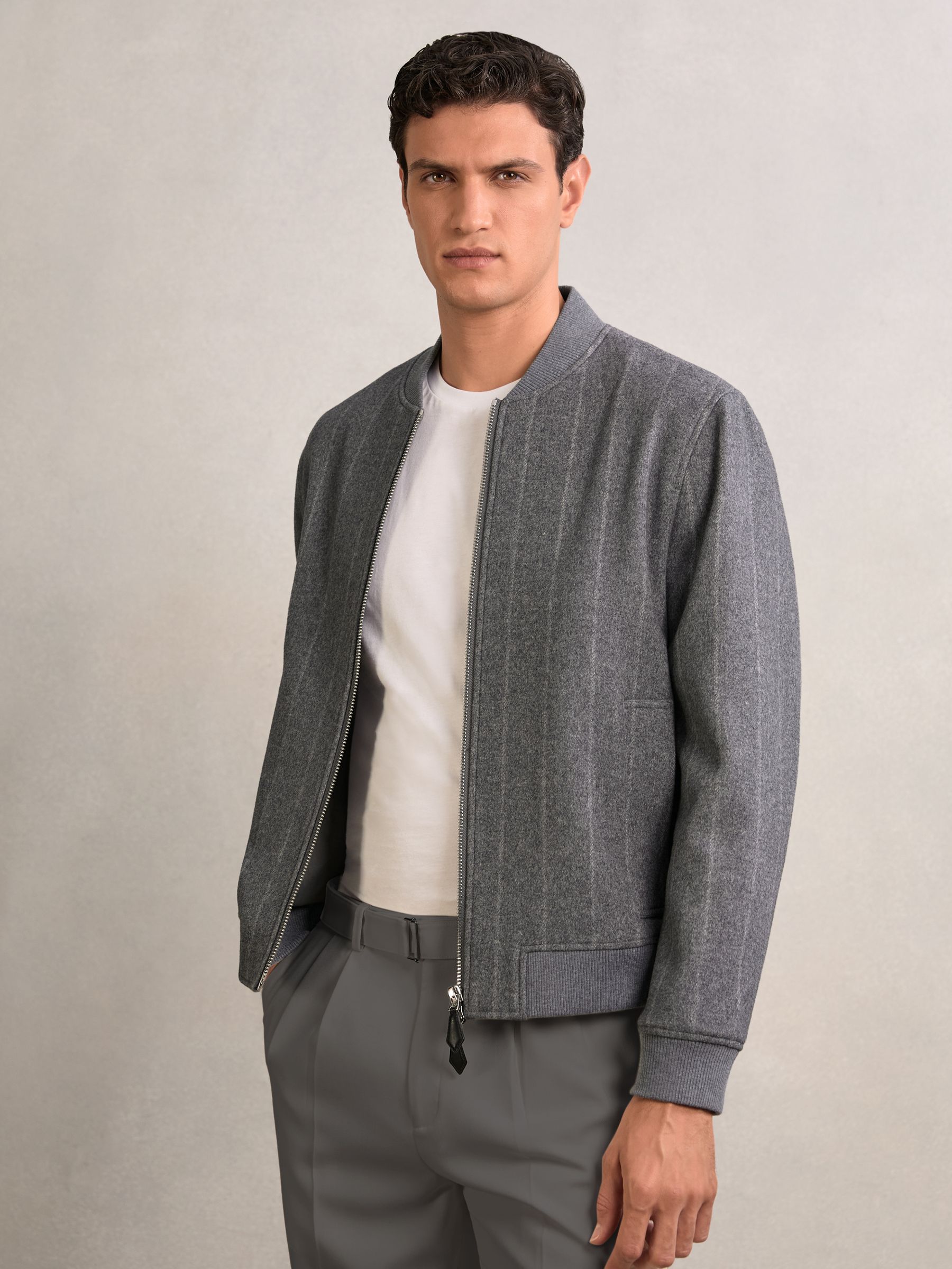 Wool-Blend Chalk-Stripe Bomber Jacket in Grey