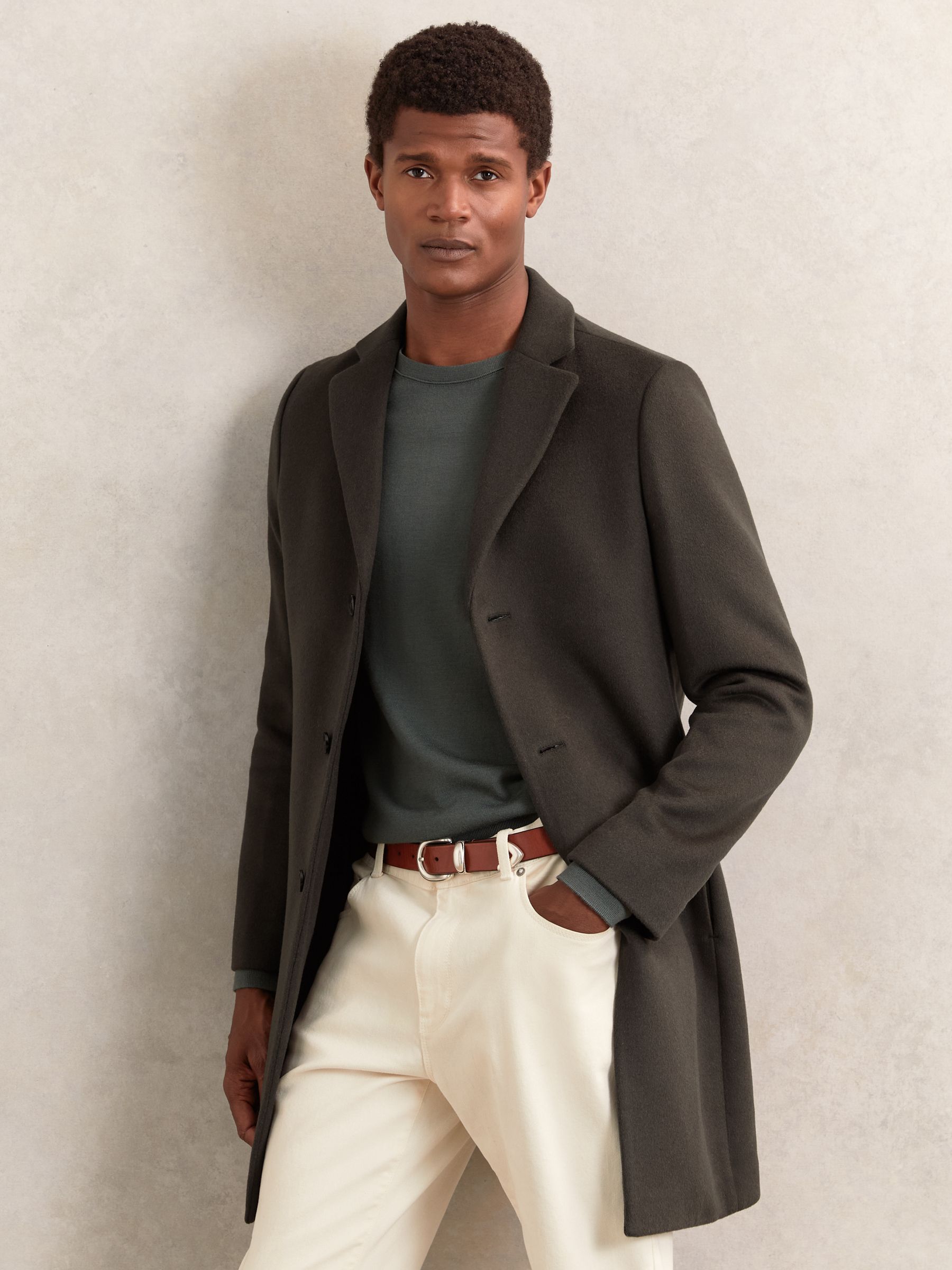 Wool-Blend Single-Breasted Overcoat in Dark Khaki Green