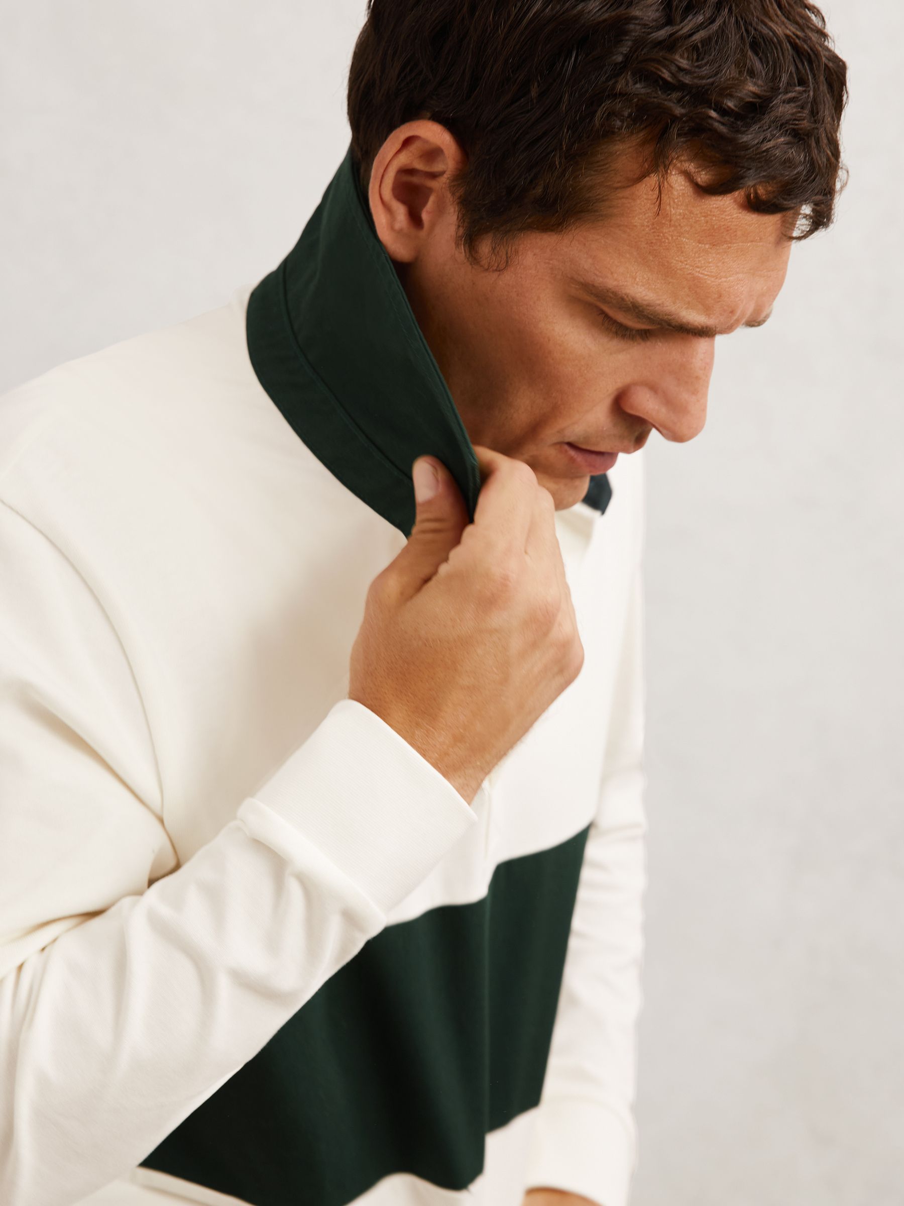 Cotton Colourblock Rugby Shirt in White/Green