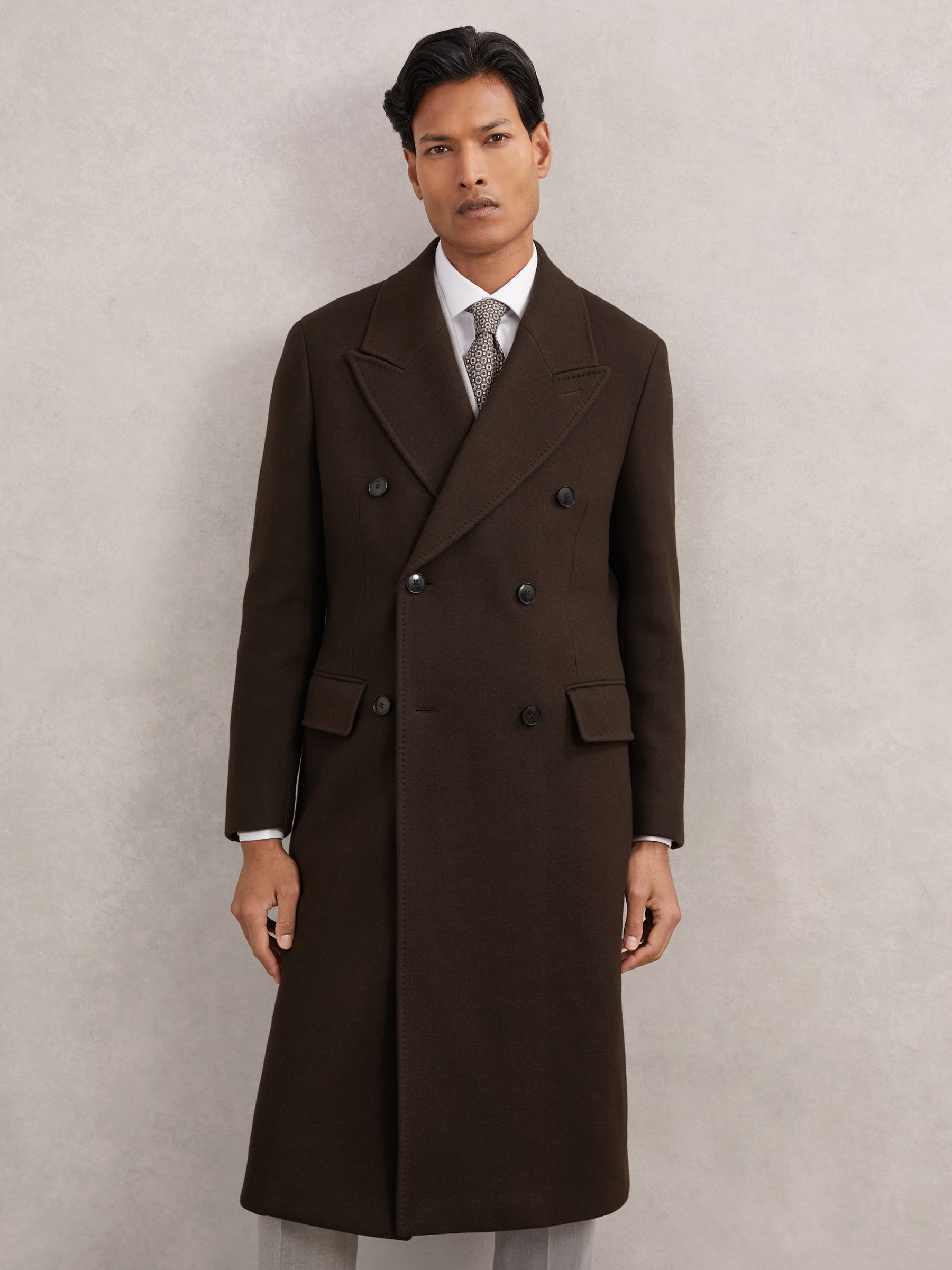 Wool-Blend Double-Breasted Overcoat in Chocolate Brown