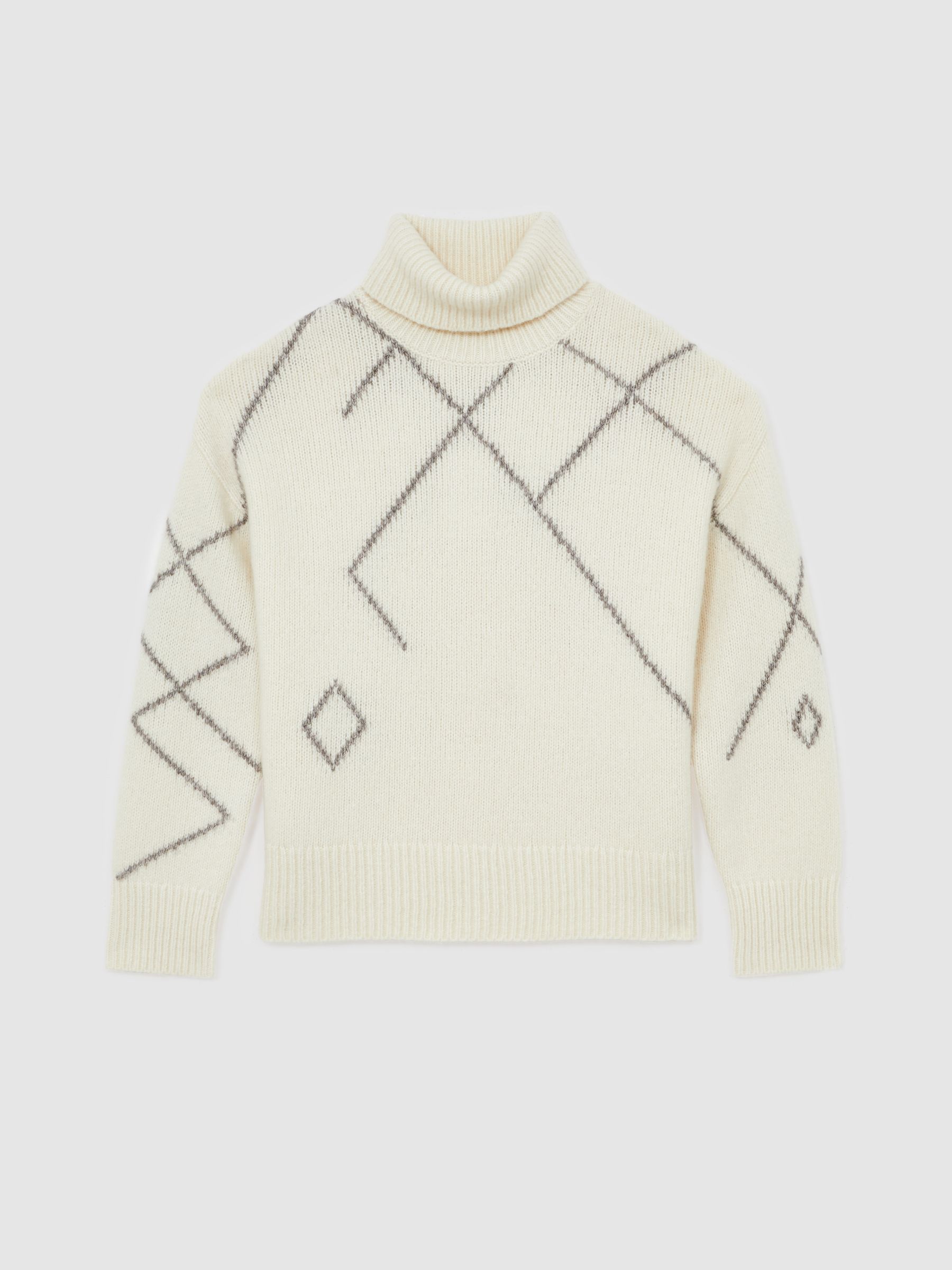 Wool-Blend Roll-Neck Argyle Jumper in Cream/Taupe Brown