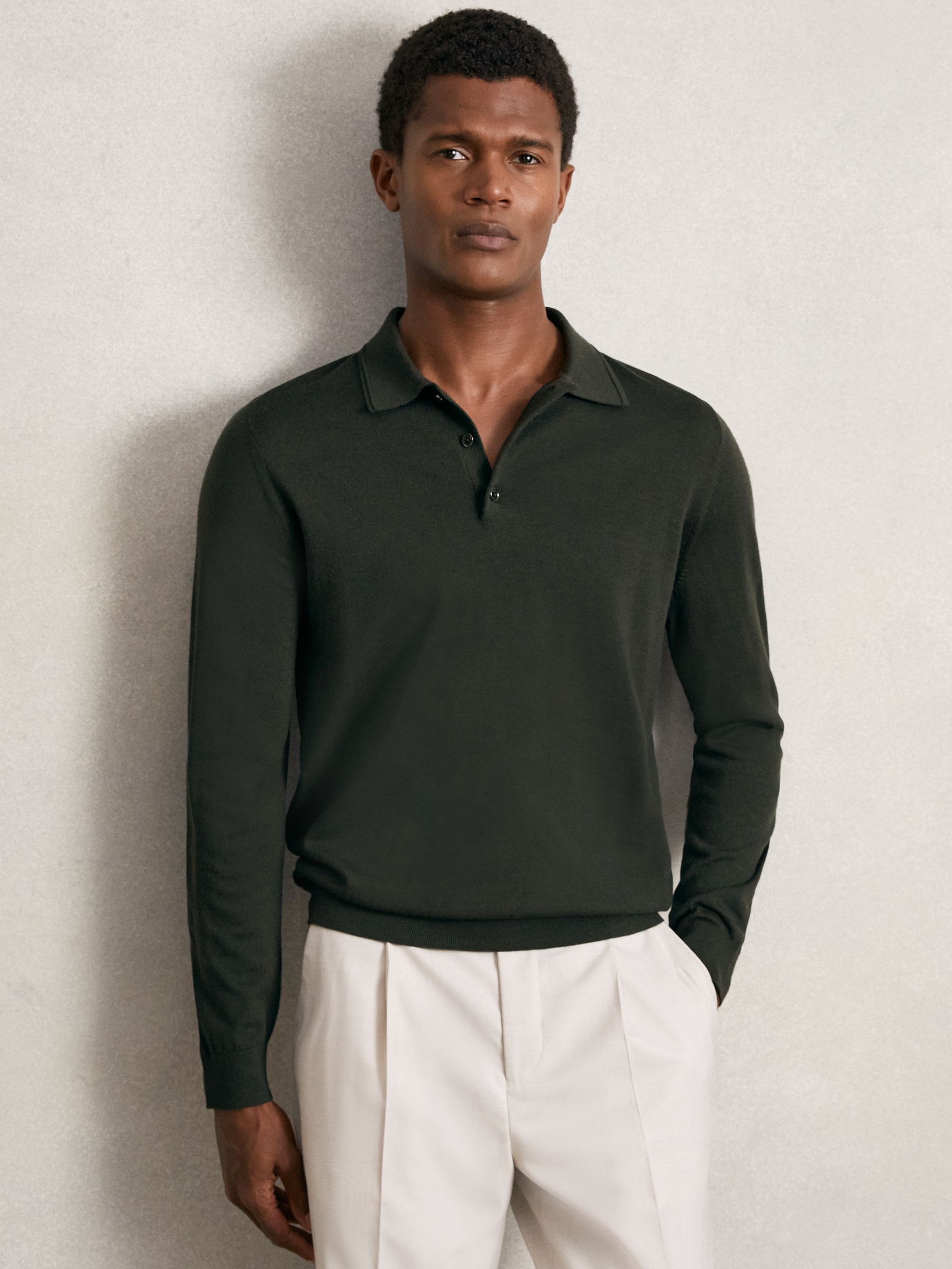 Merino Wool Long-Sleeve Polo Shirt in Dark Military Green