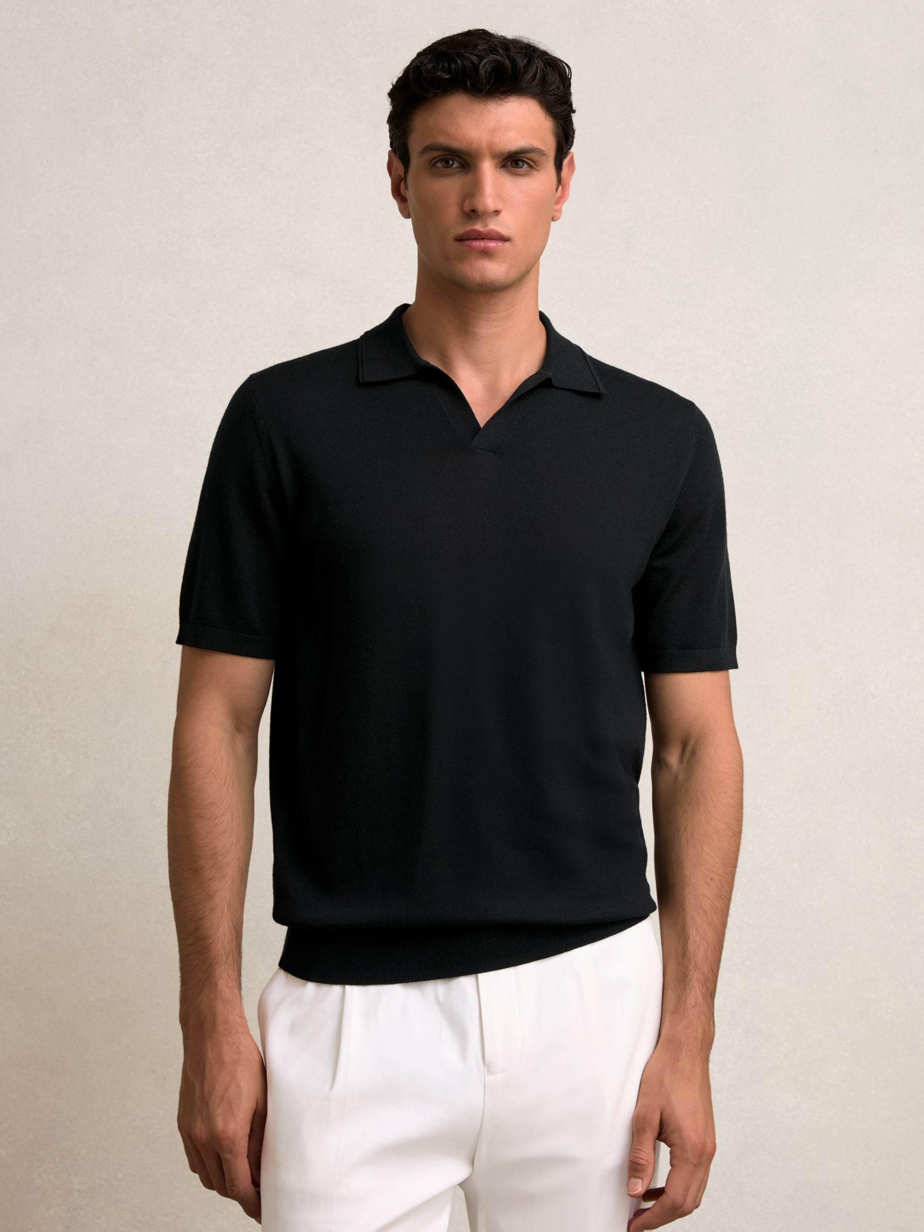 Merino Wool Open-Collar Polo Shirt in Black