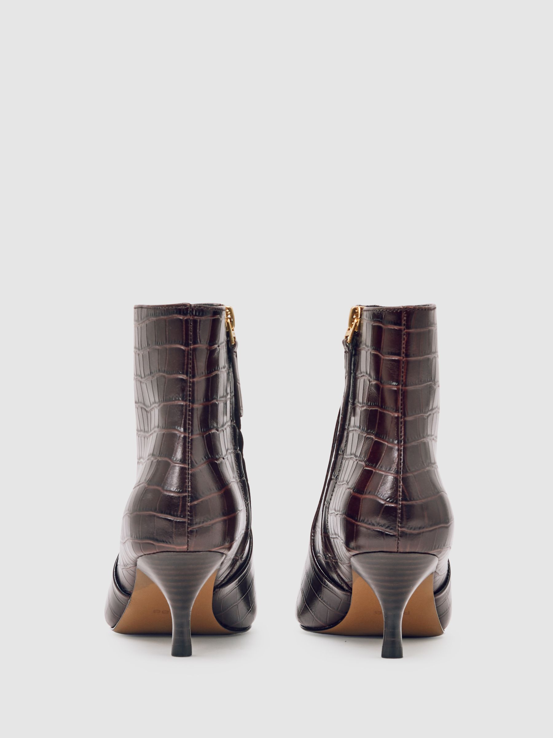 Leather Crocodile-Effect Ankle Boots in Burgundy