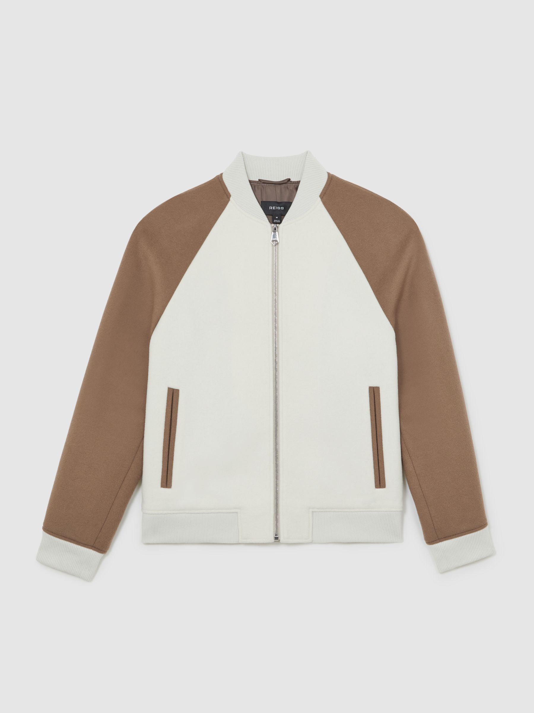 Wool-Blend Colour-Block Bomber Jacket in Off White/Oatmeal