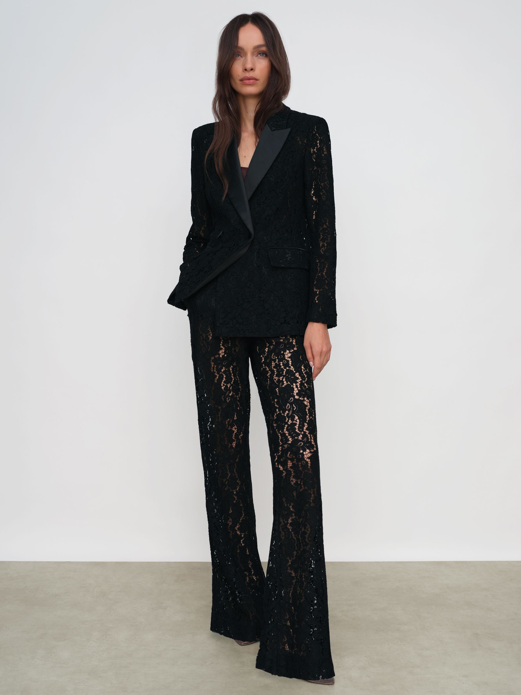 Double-Breasted Lace Tuxedo Blazer in Black