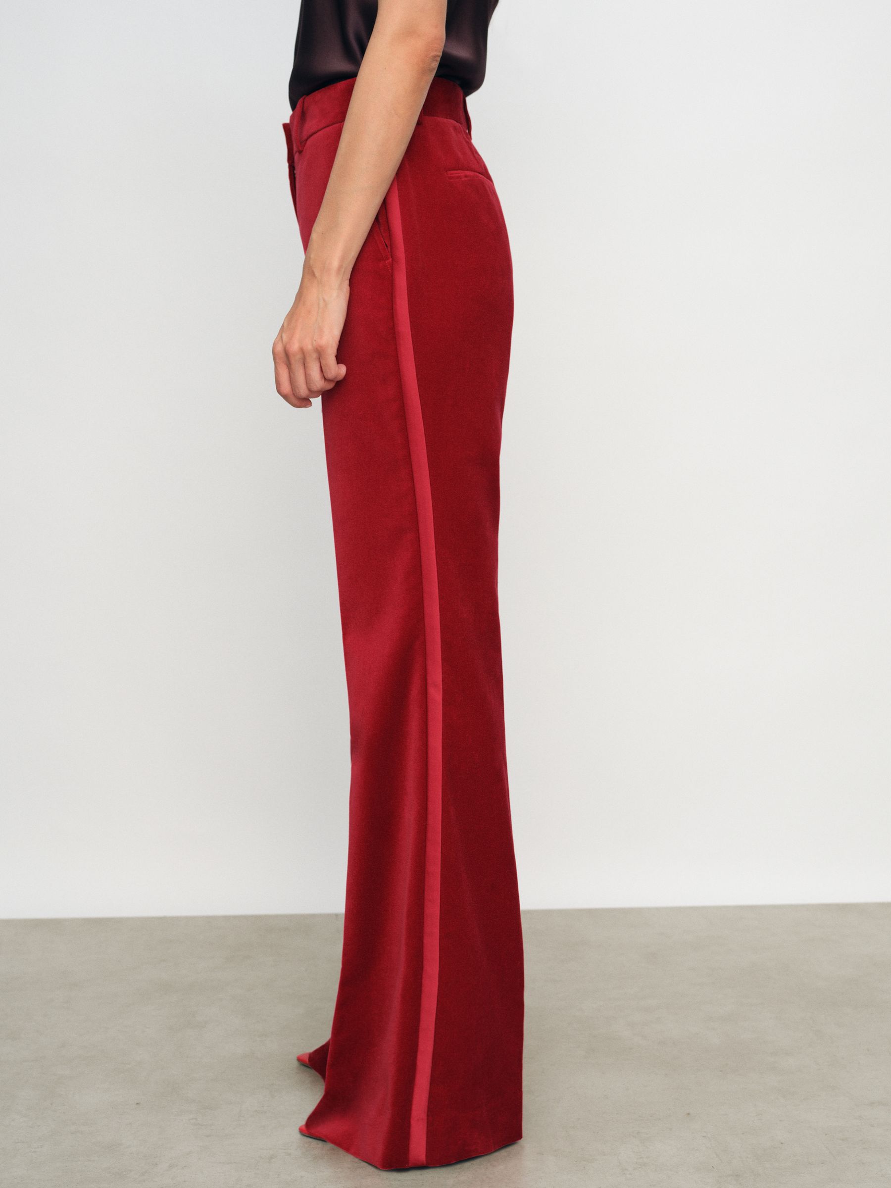 Velvet Tuxedo-Stripe Flared Trousers in Red