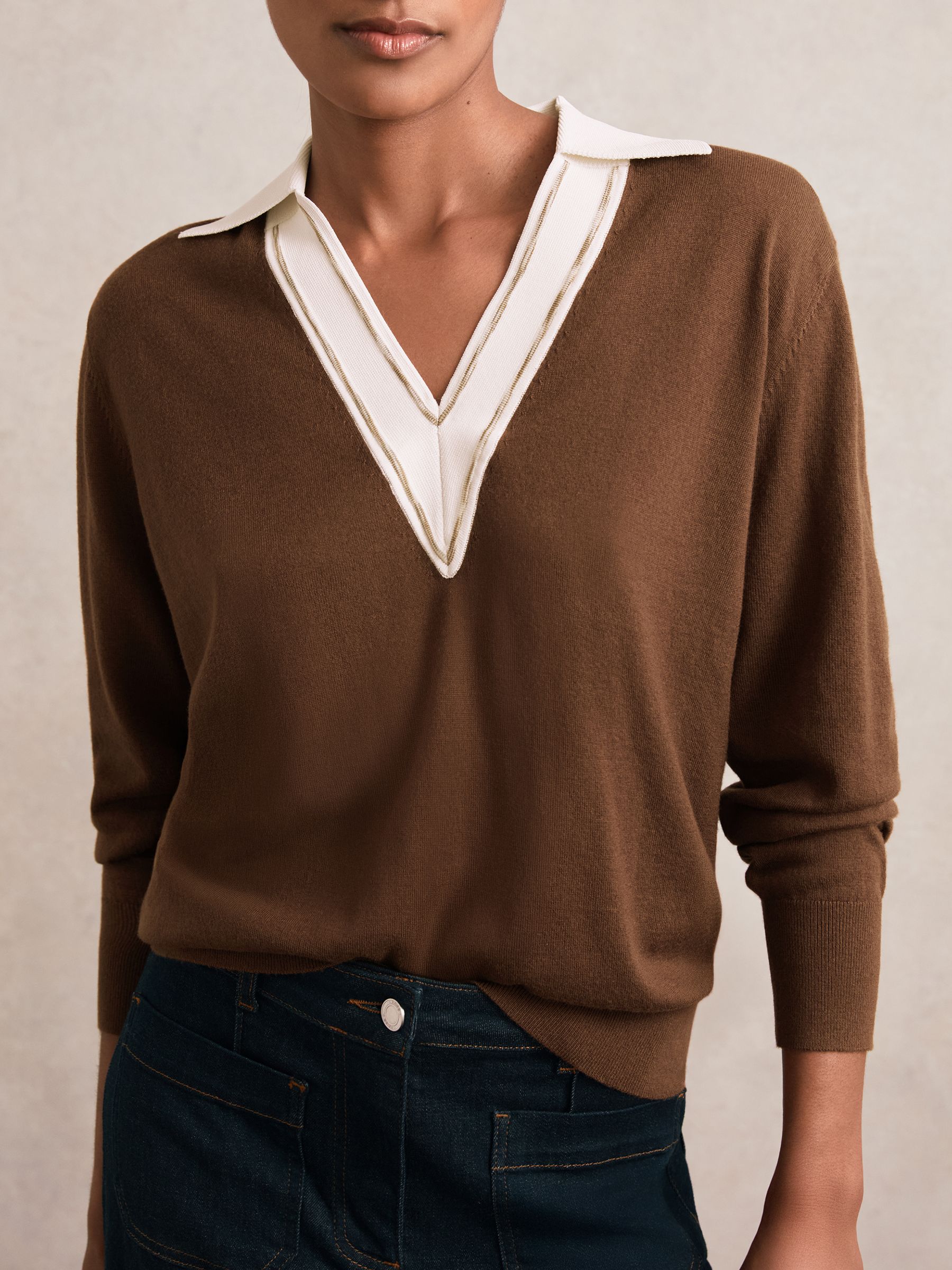 Wool Collared Cricket Jumper in Chocolate Brown/Ivory
