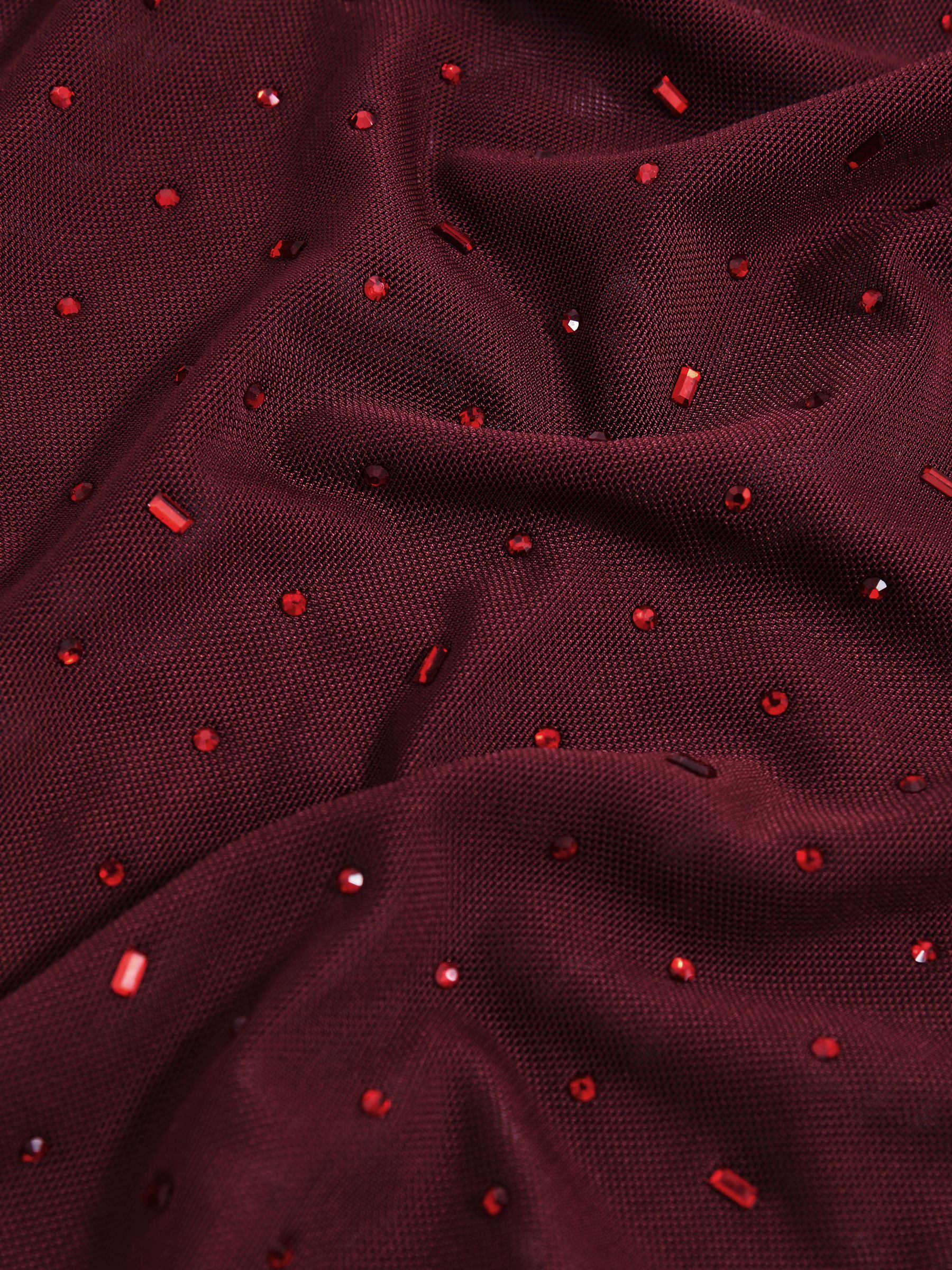 Crystal-Embellished Mesh Bodysuit in Red