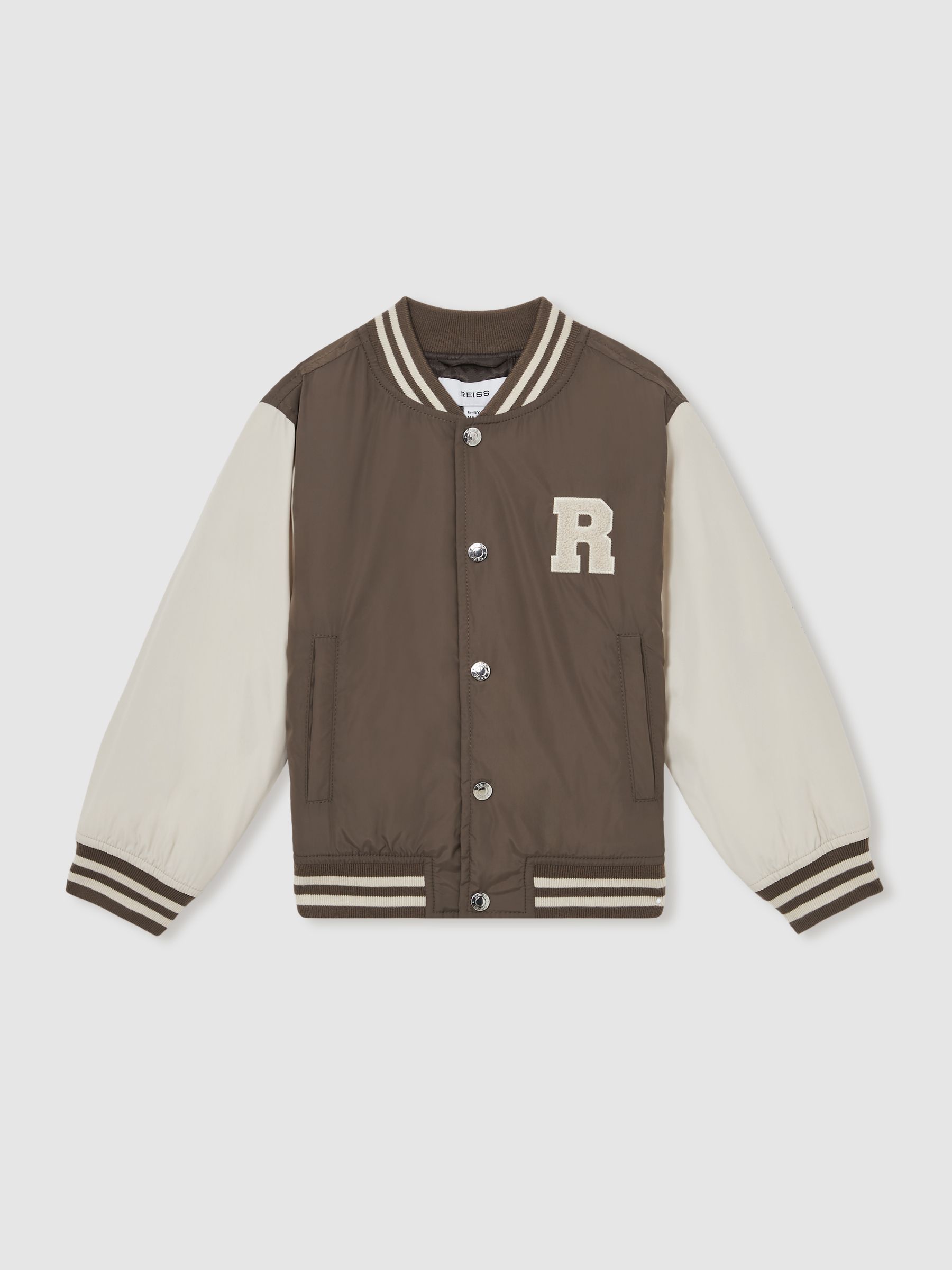 3-9 yrs Colour-Block Varsity Bomber Jacket in Mink Brown/Off White