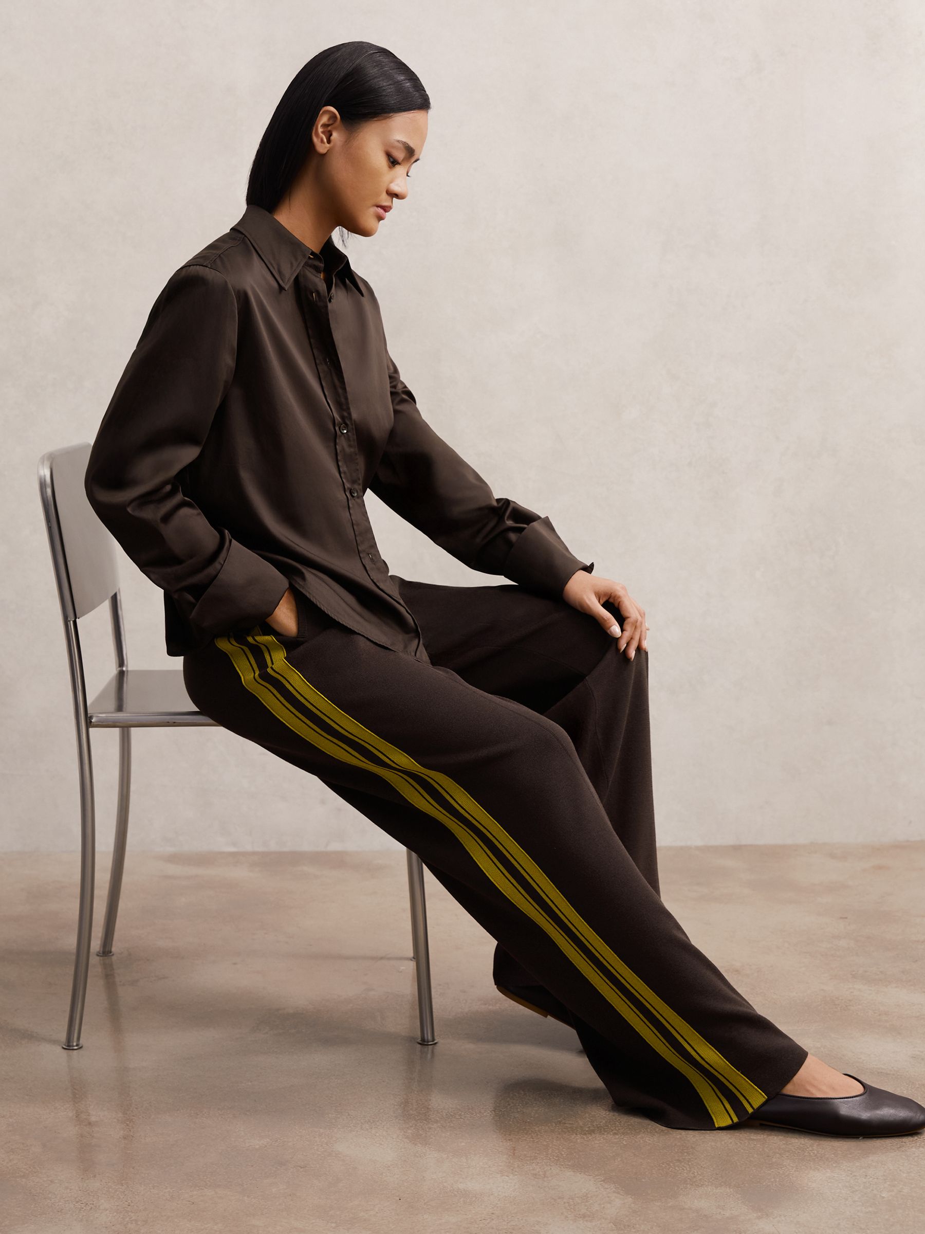 Petite Knitted Side-Stripe Wide-Leg Trousers in Berry