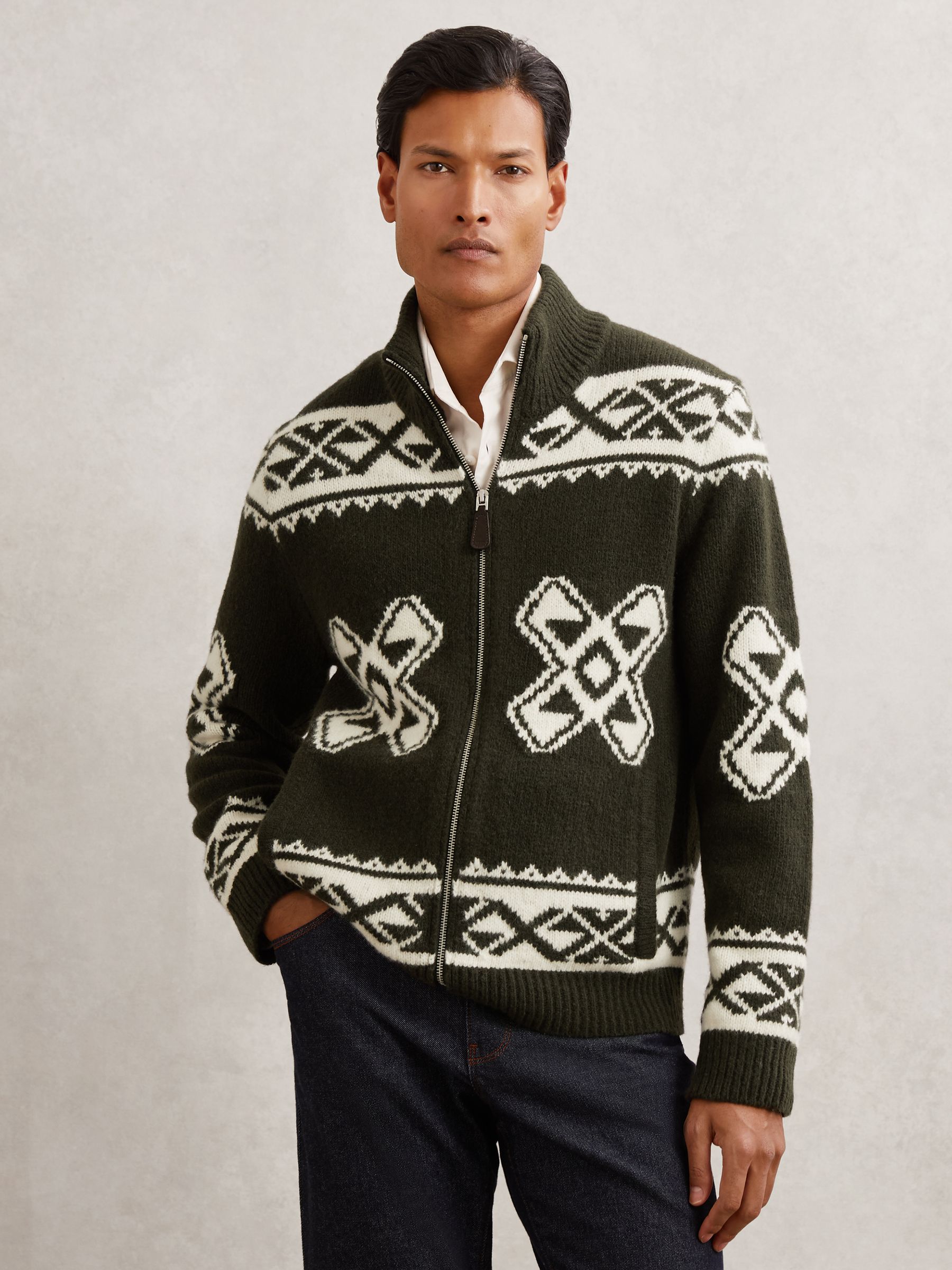 Wool-Blend Fair Isle Zip Jumper in Forest Green