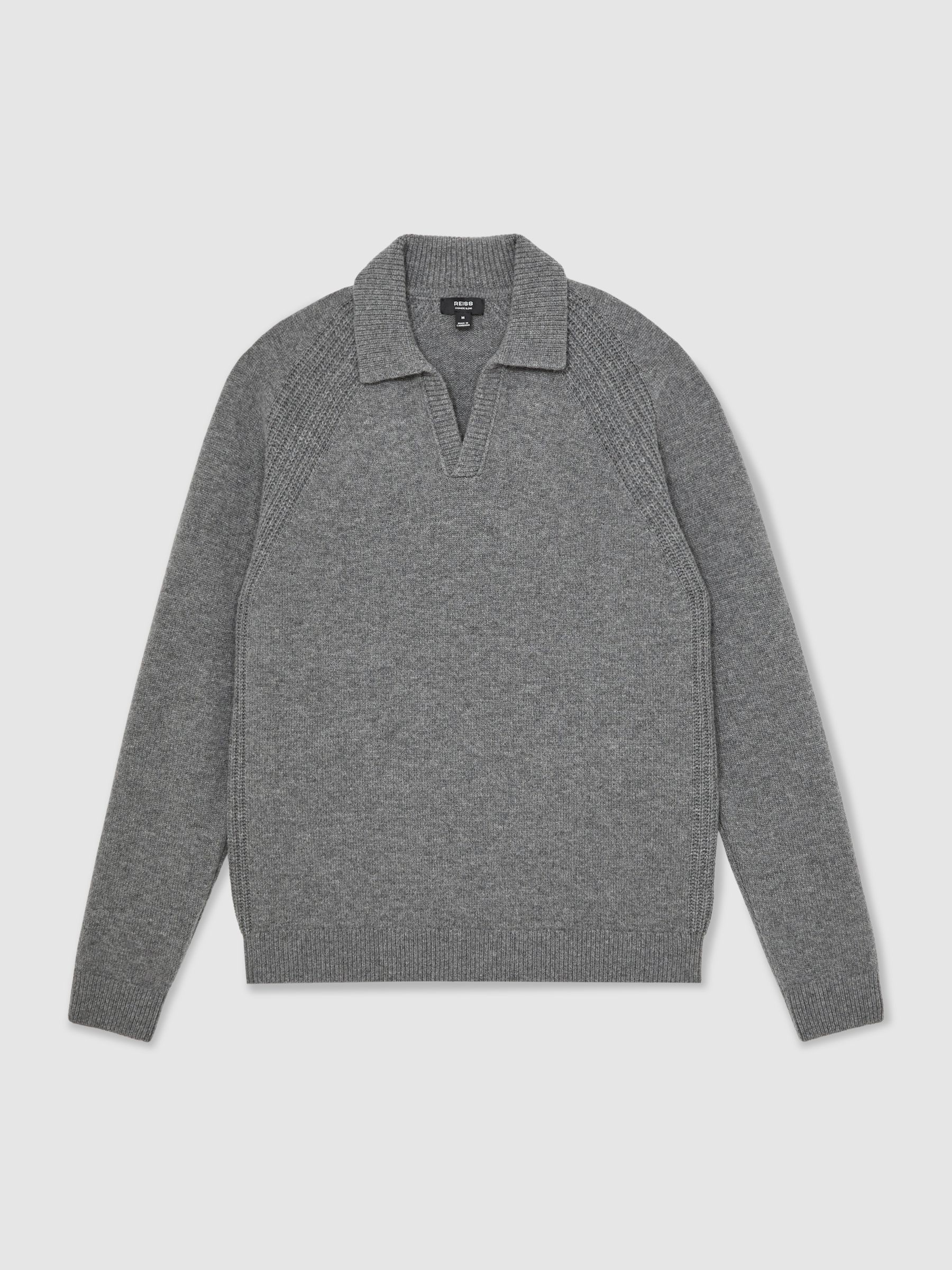 Wool-Cashmere Open-Collar Jumper in Mid Grey Melange