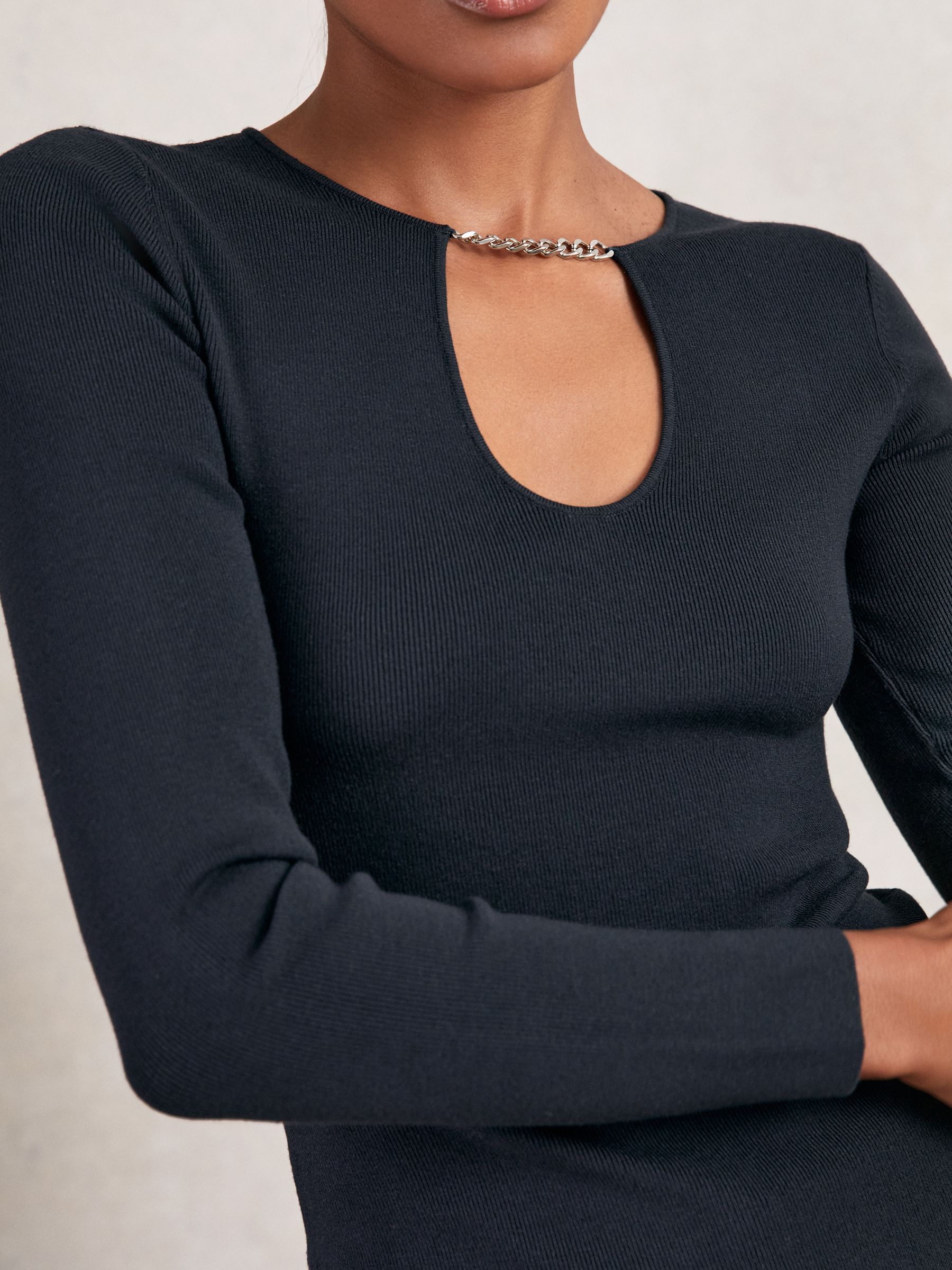 Chain-Detail Keyhole Knit Top in Navy