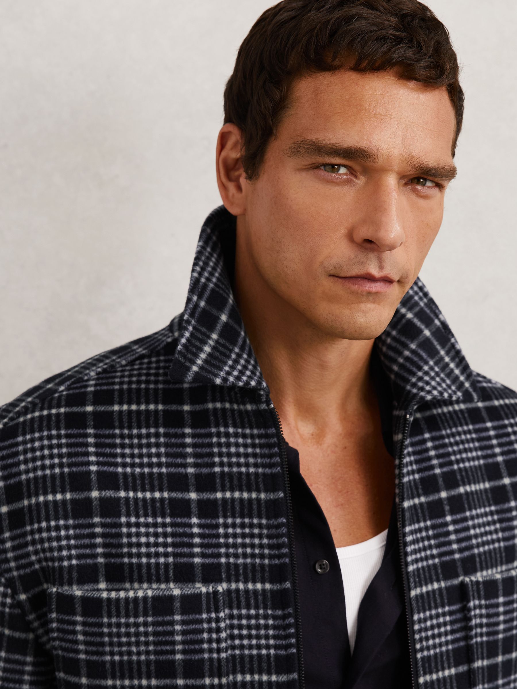 Wool-Blend Check Padded Overshirt in Blue
