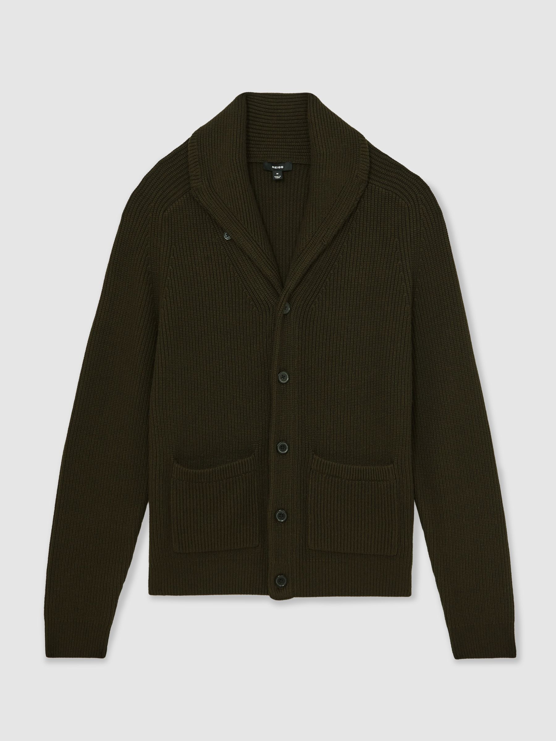 Shawl-Collar Cardigan With Wool in Dark Olive Green