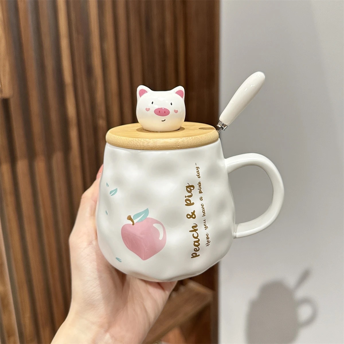 Pig & Peach Ceramic Mug with Lid and Spoon