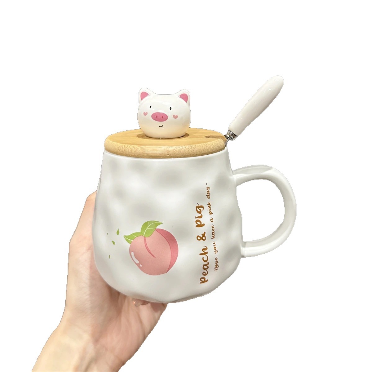 Pig & Peach Ceramic Mug with Lid and Spoon