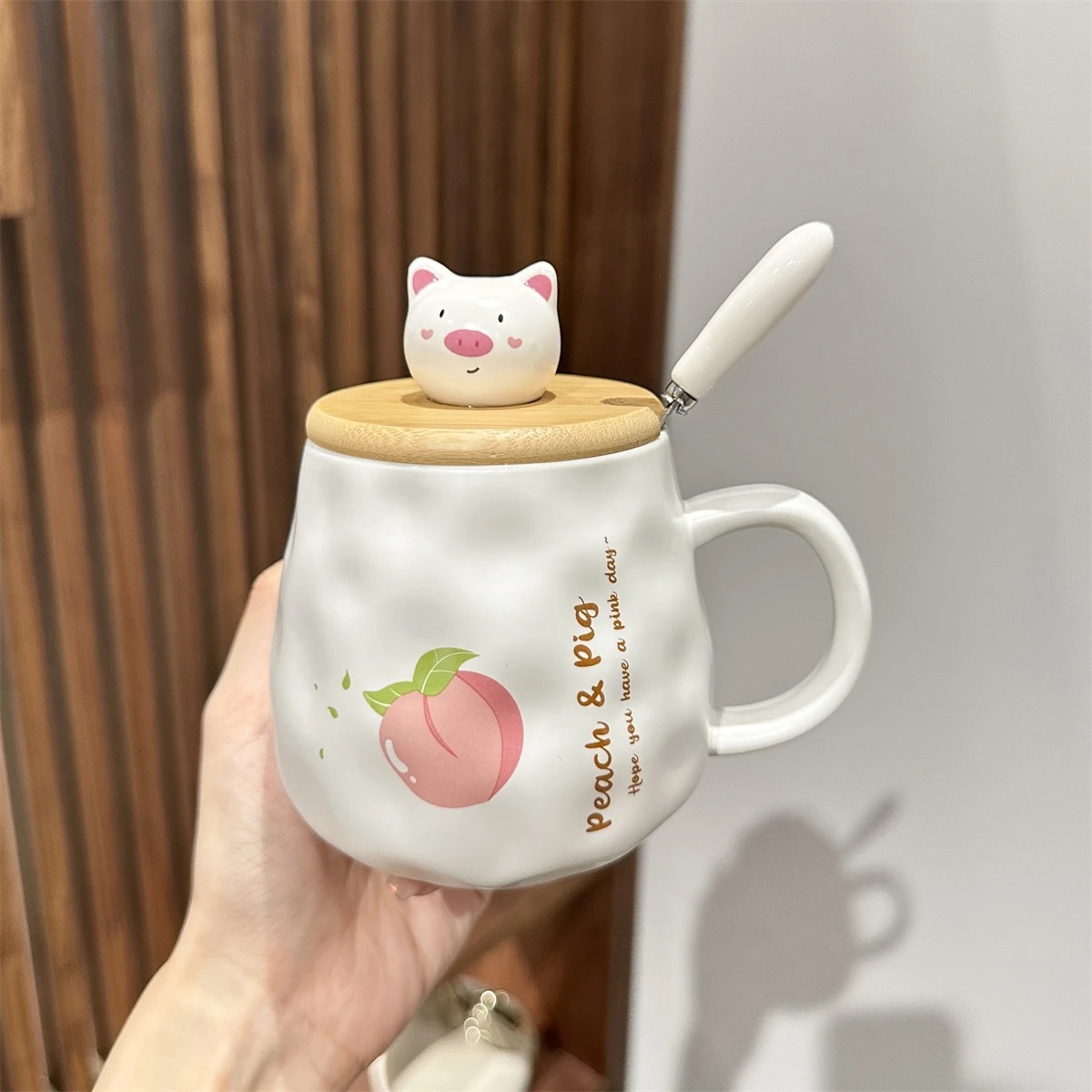 Pig & Peach Ceramic Mug with Lid and Spoon